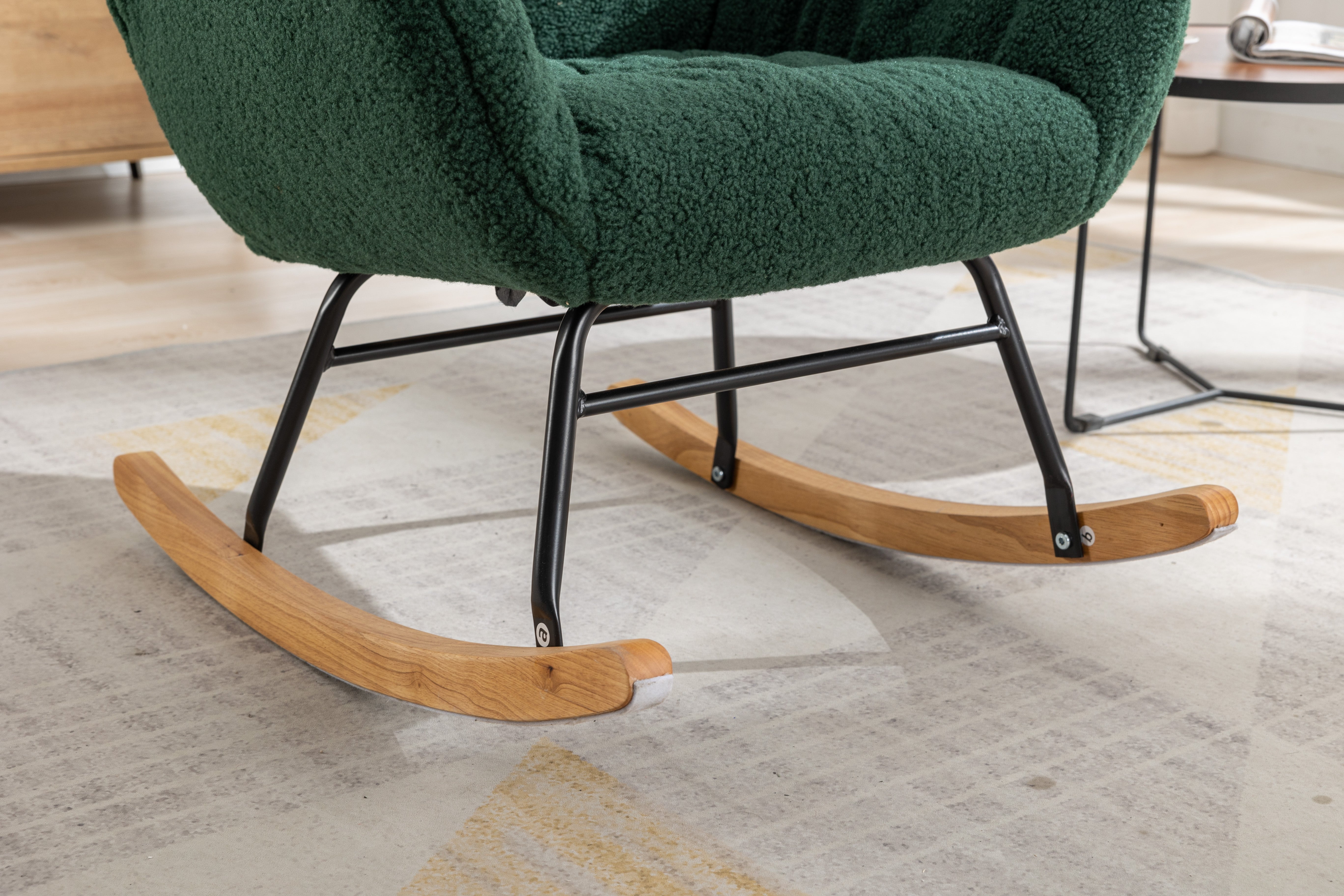 Modern Teddy Fabric Rocking Chair Accent Armchair with Wooden Legs- Green_1