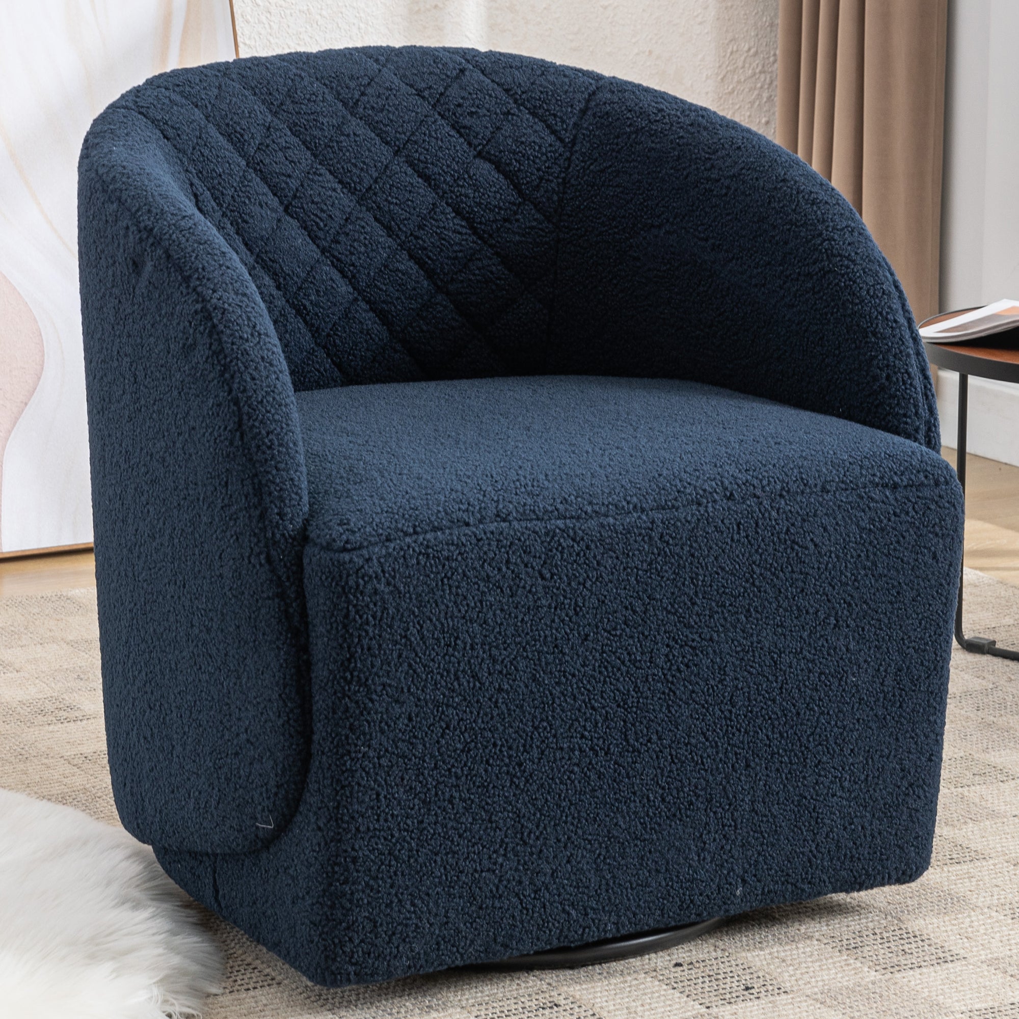 Modern Upholstered Teddy Fabric Curved Back Swivel Chair Accent Barrel Chair- Blue_1