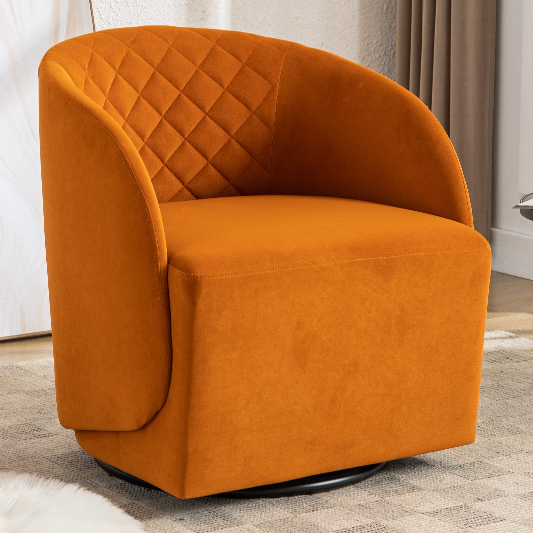 Modern Upholstered Velvet Fabric Curved Back Swivel Chair Accent Barrel Chair- Orange_1