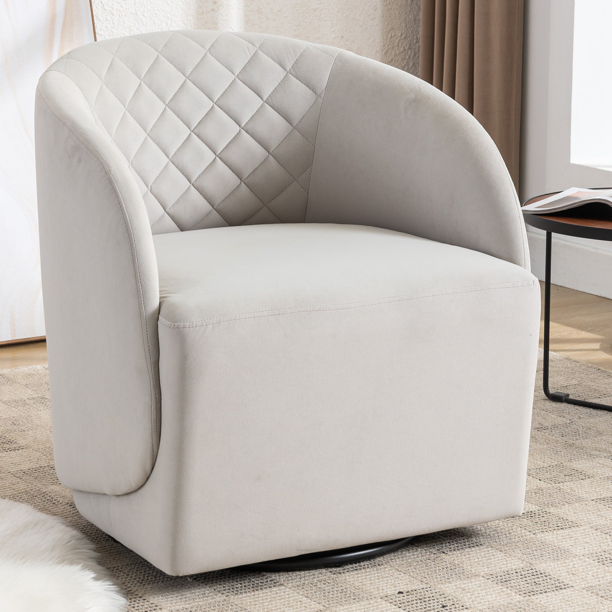 Modern Upholstered Velvet Fabric Curved Back Swivel Chair Accent Barrel Chair- Gray_1