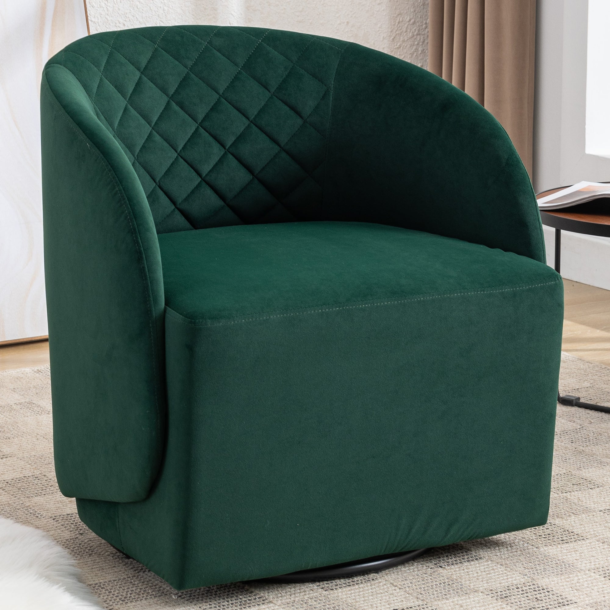 Modern Upholstered Velvet Fabric Curved Back Swivel Chair Accent Barrel Chair- Green_1