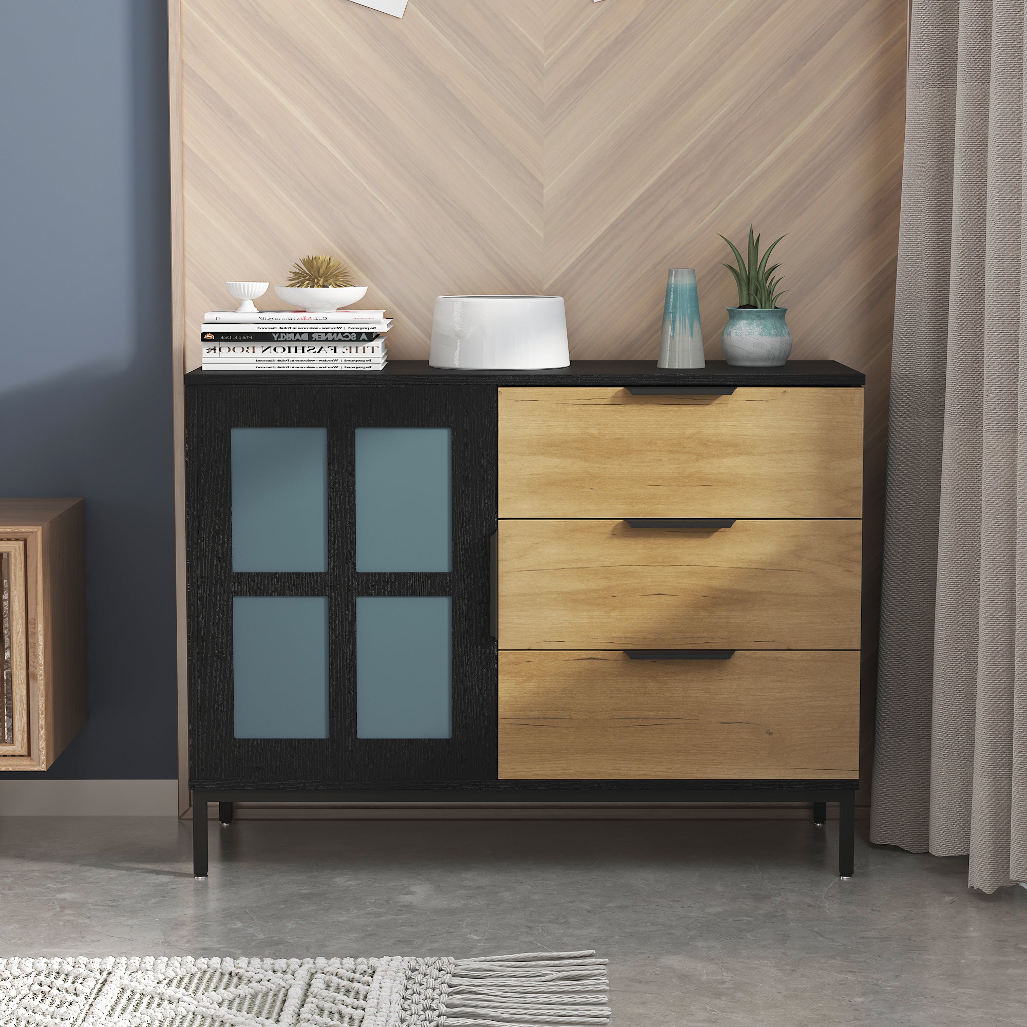 DRESSER CABINET BAR CABINET storge cabinet Glass door side cabinet lockersEmbedded metal handle can be placed in the living room, bedroom, dining room, black+brown_0