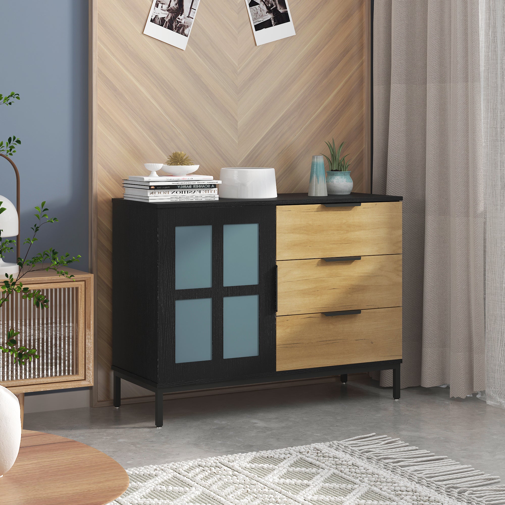DRESSER CABINET BAR CABINET storge cabinet Glass door side cabinet lockersEmbedded metal handle can be placed in the living room, bedroom, dining room, black+brown_2