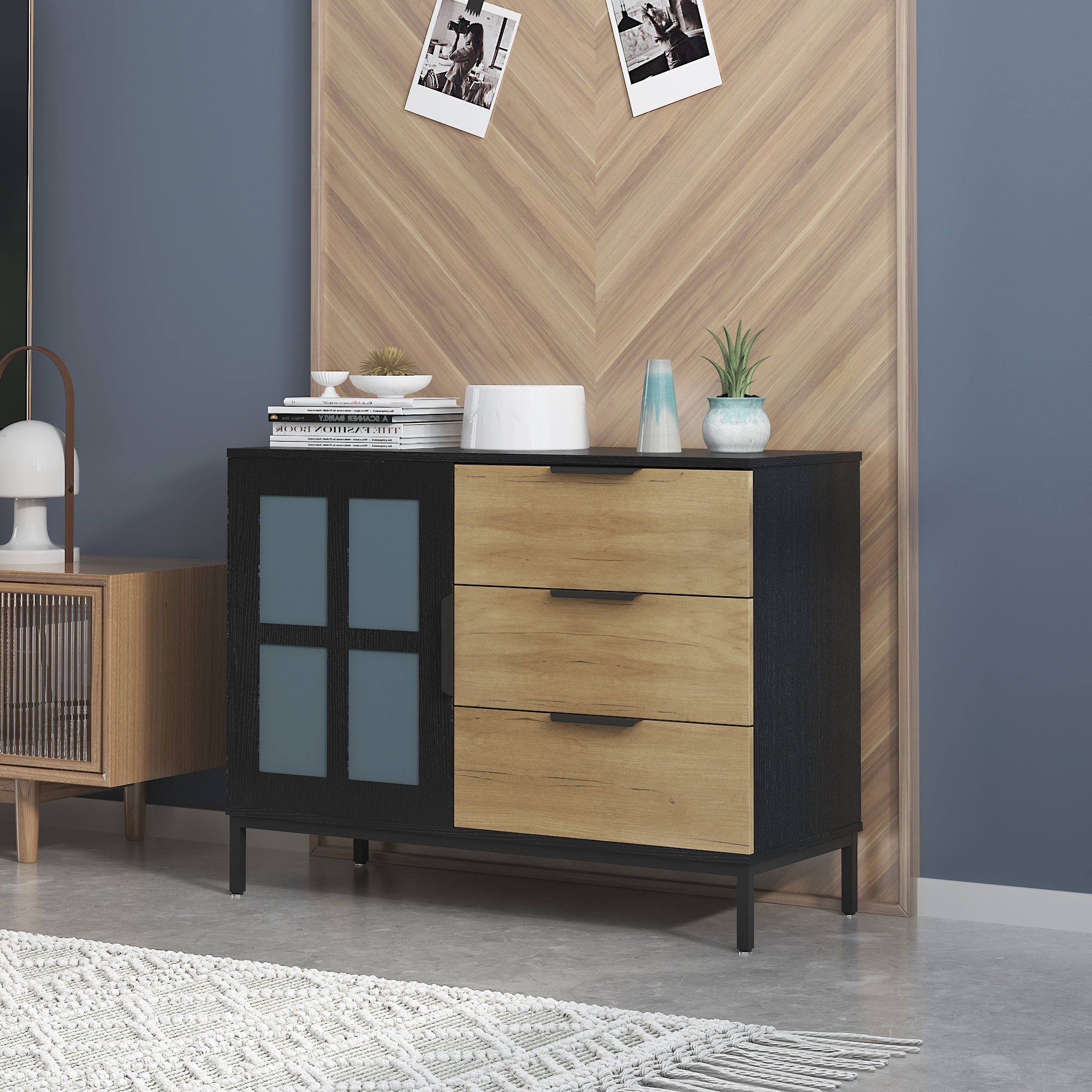 DRESSER CABINET BAR CABINET storge cabinet Glass door side cabinet lockersEmbedded metal handle can be placed in the living room, bedroom, dining room, black+brown_1