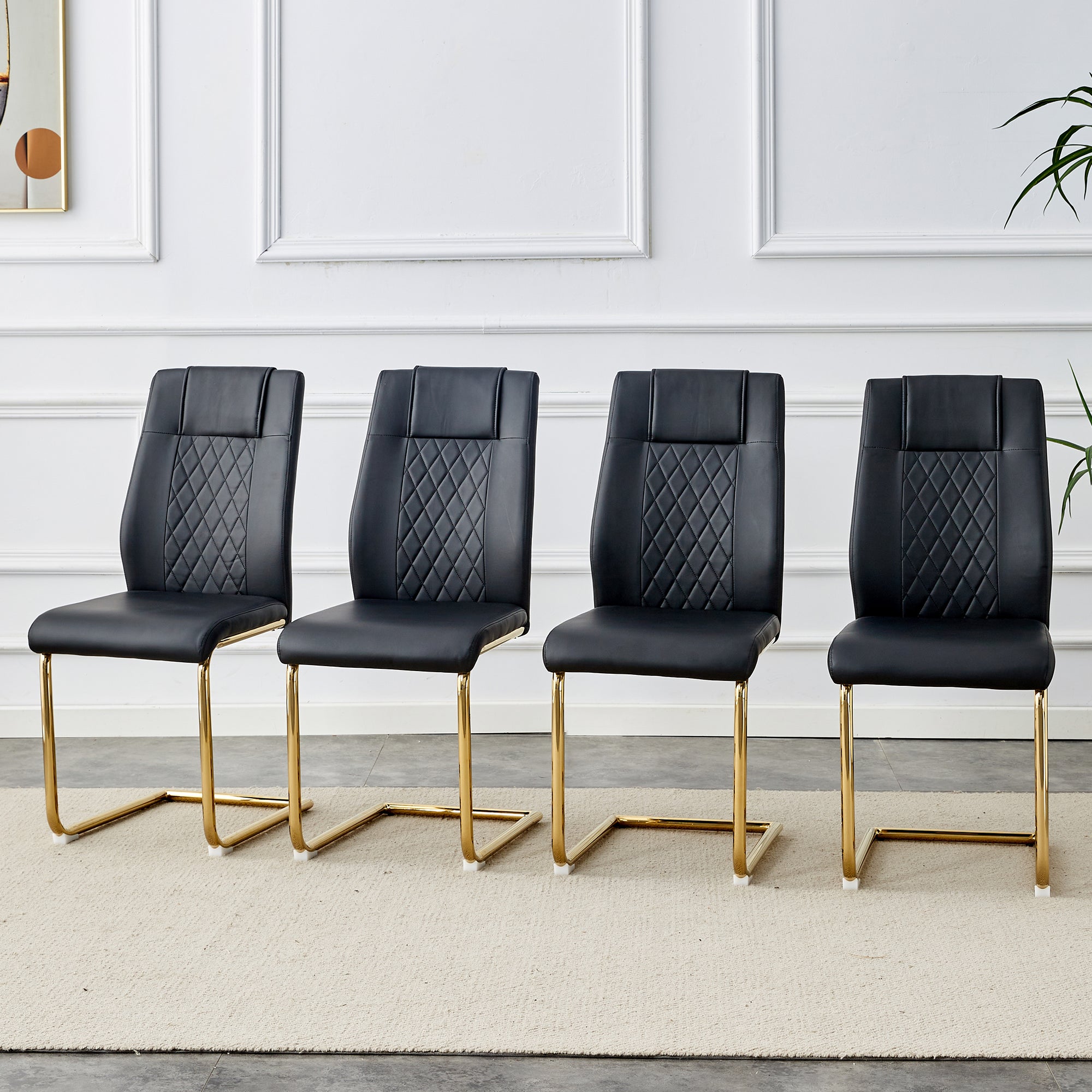 4 Pcs Faux Leather Upholstered Grid High Back Dining Chairs with Metal Base- Black, Gold_1