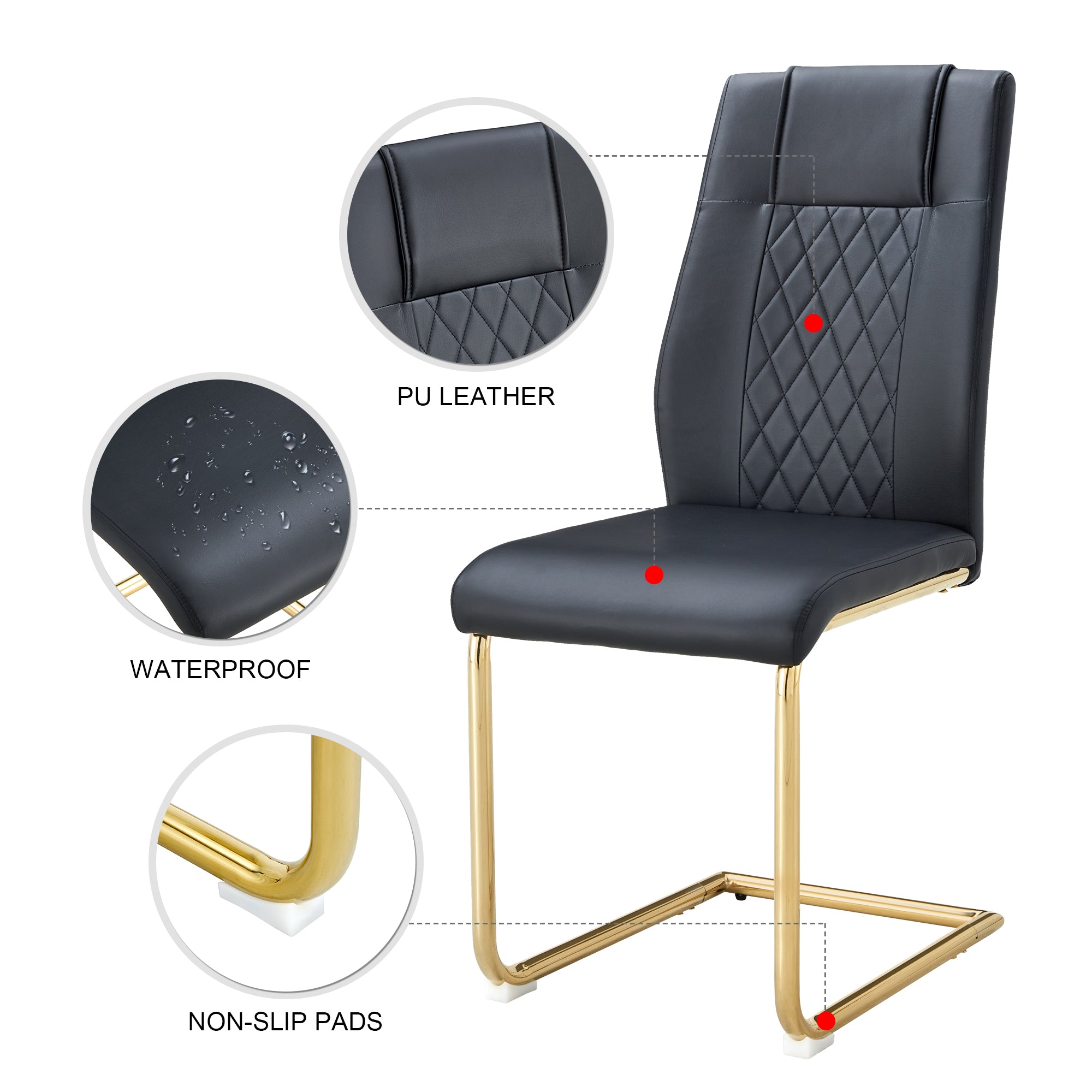 4 Pcs Faux Leather Upholstered Grid High Back Dining Chairs with Metal Base- Black, Gold_20