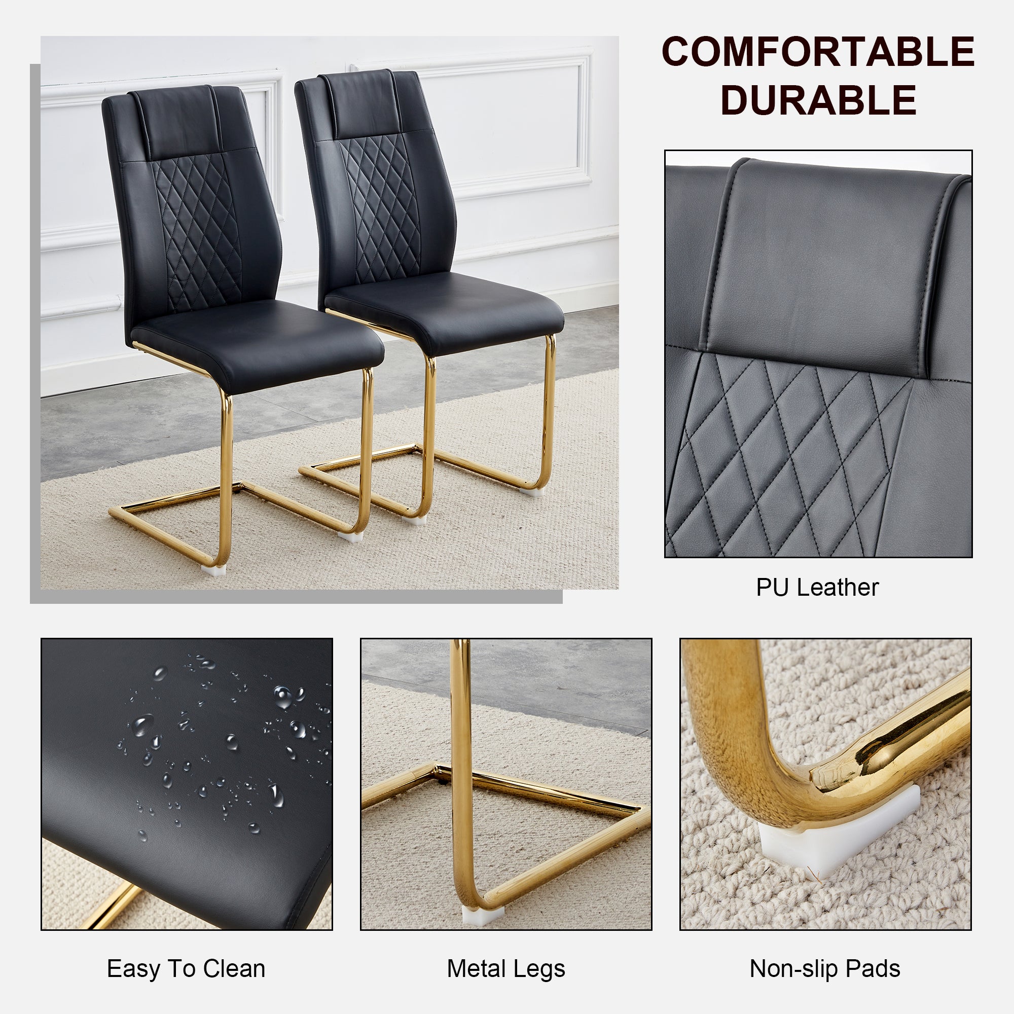 4 Pcs Faux Leather Upholstered Grid High Back Dining Chairs with Metal Base- Black, Gold_18