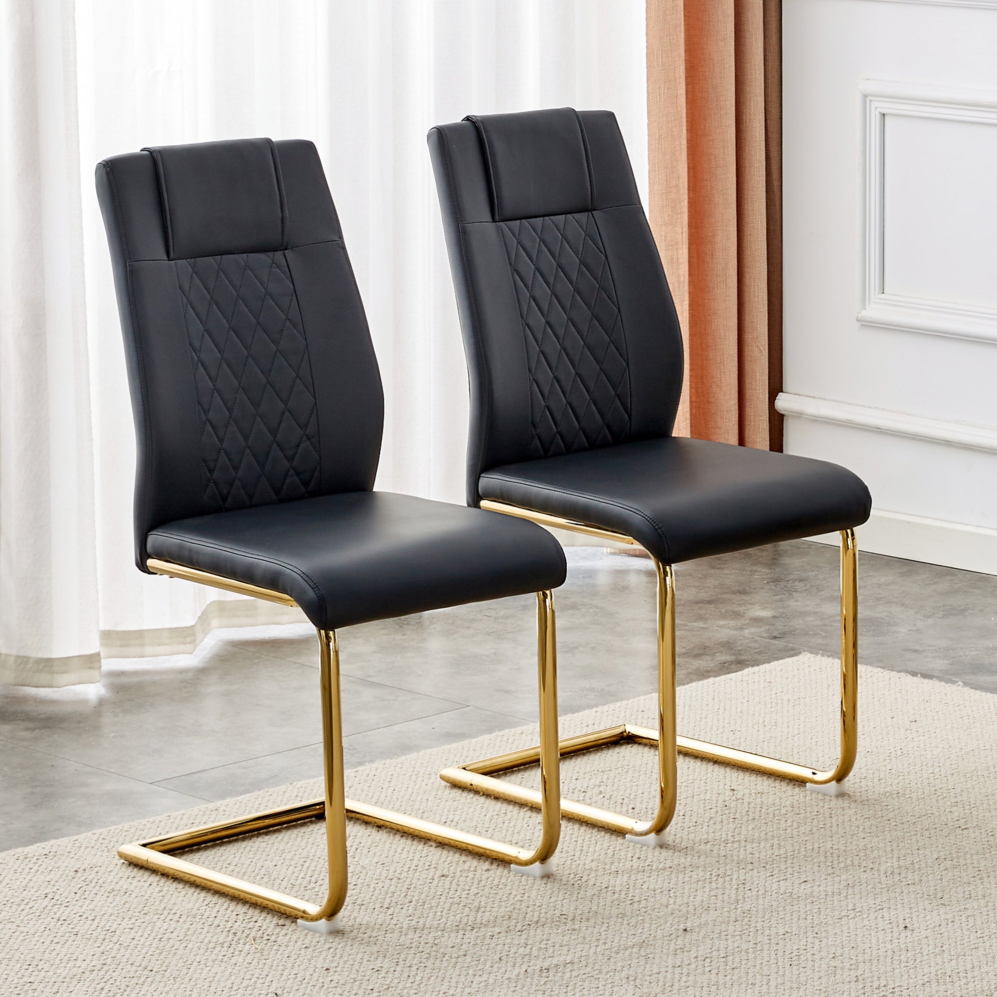 4 Pcs Faux Leather Upholstered Grid High Back Dining Chairs with Metal Base- Black, Gold_5