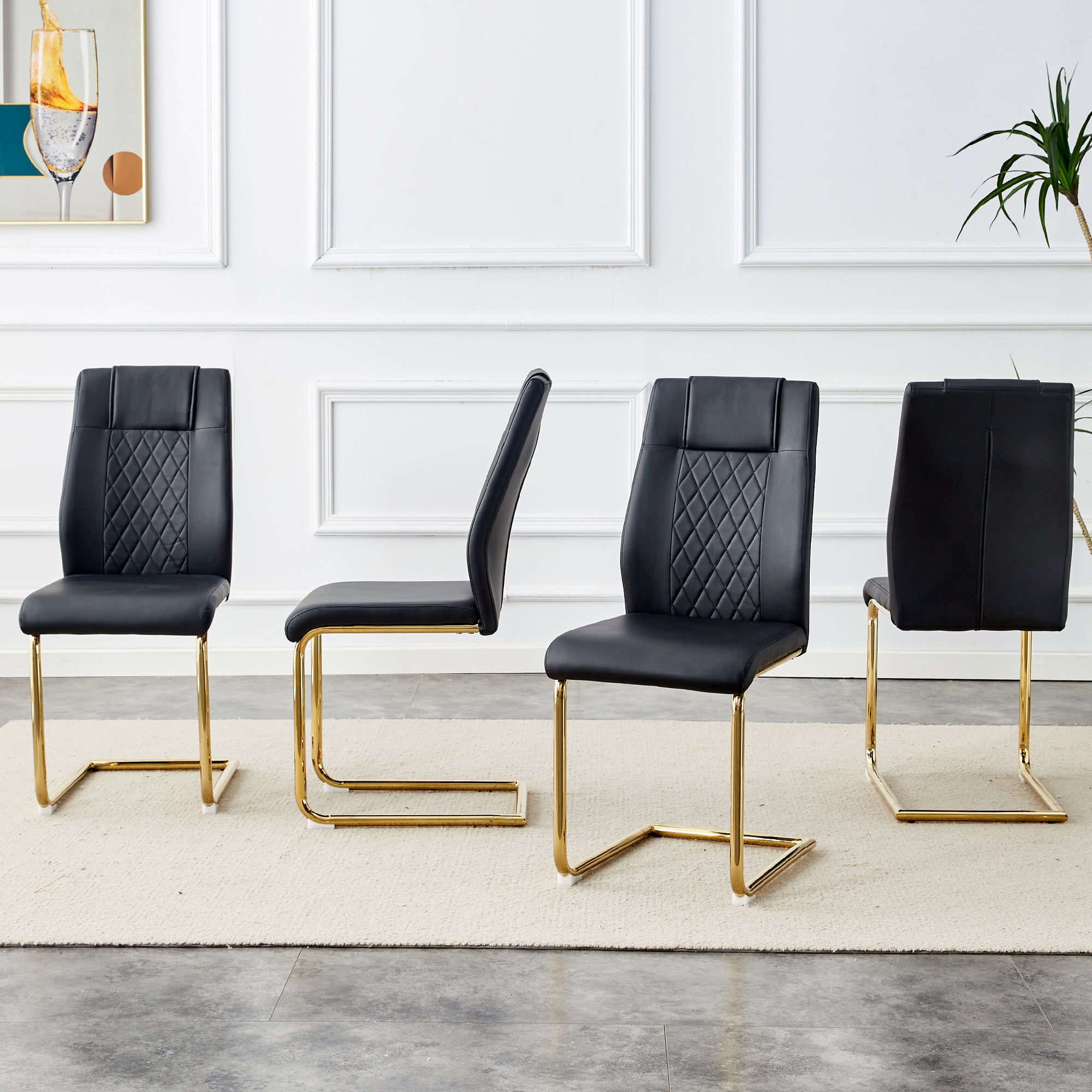 4 Pcs Faux Leather Upholstered Grid High Back Dining Chairs with Metal Base- Black, Gold_2