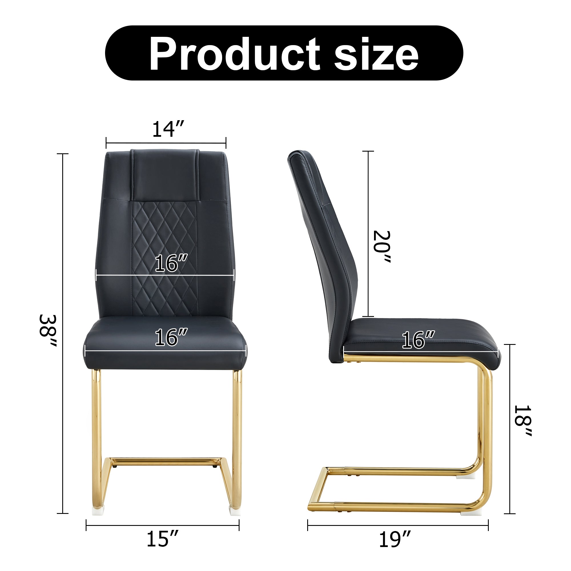 4 Pcs Faux Leather Upholstered Grid High Back Dining Chairs with Metal Base- Black, Gold_23