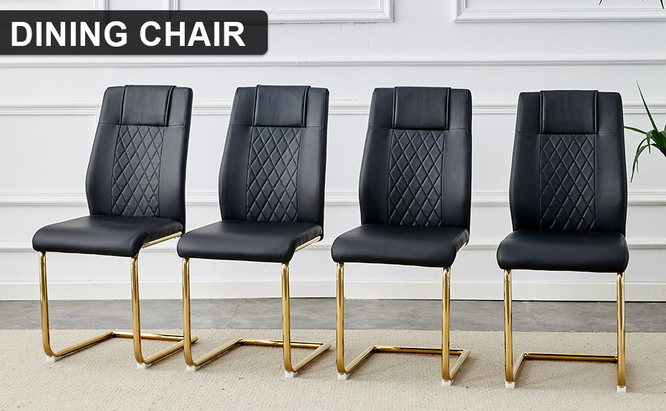 4 Pcs Faux Leather Upholstered Grid High Back Dining Chairs with Metal Base- Black, Gold_16