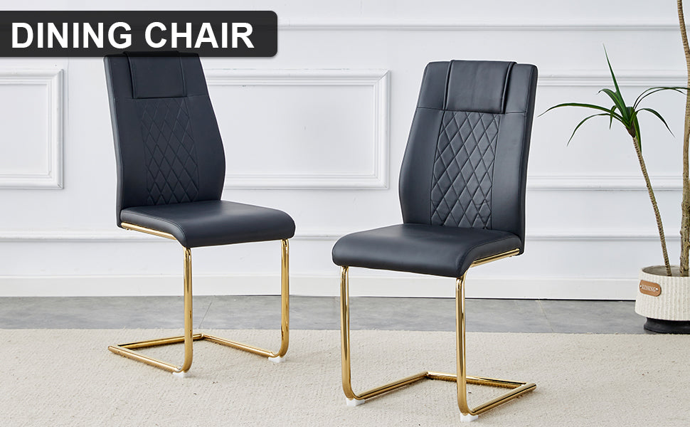 4 Pcs Faux Leather Upholstered Grid High Back Dining Chairs with Metal Base- Black, Gold_15