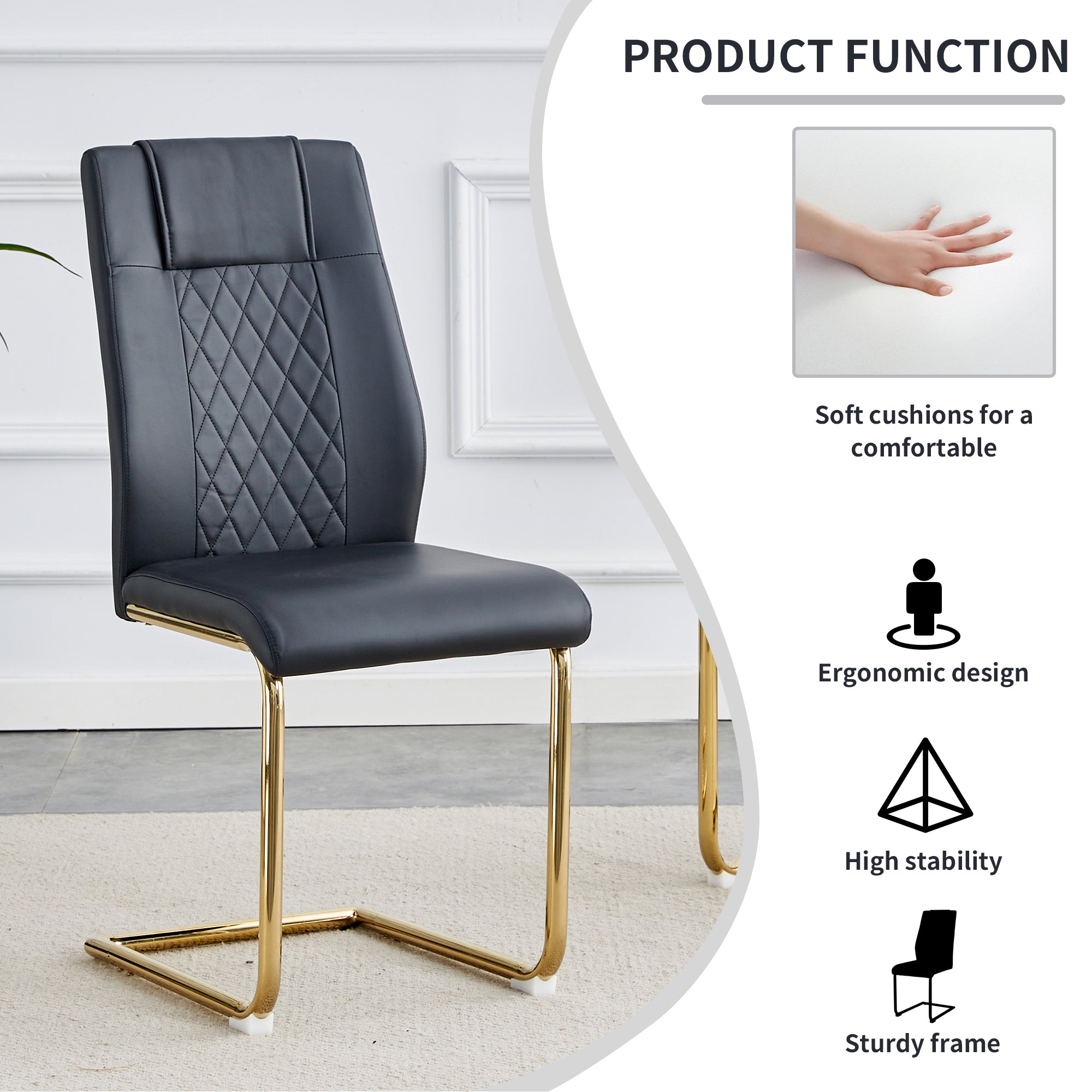 4 Pcs Faux Leather Upholstered Grid High Back Dining Chairs with Metal Base- Black, Gold_17