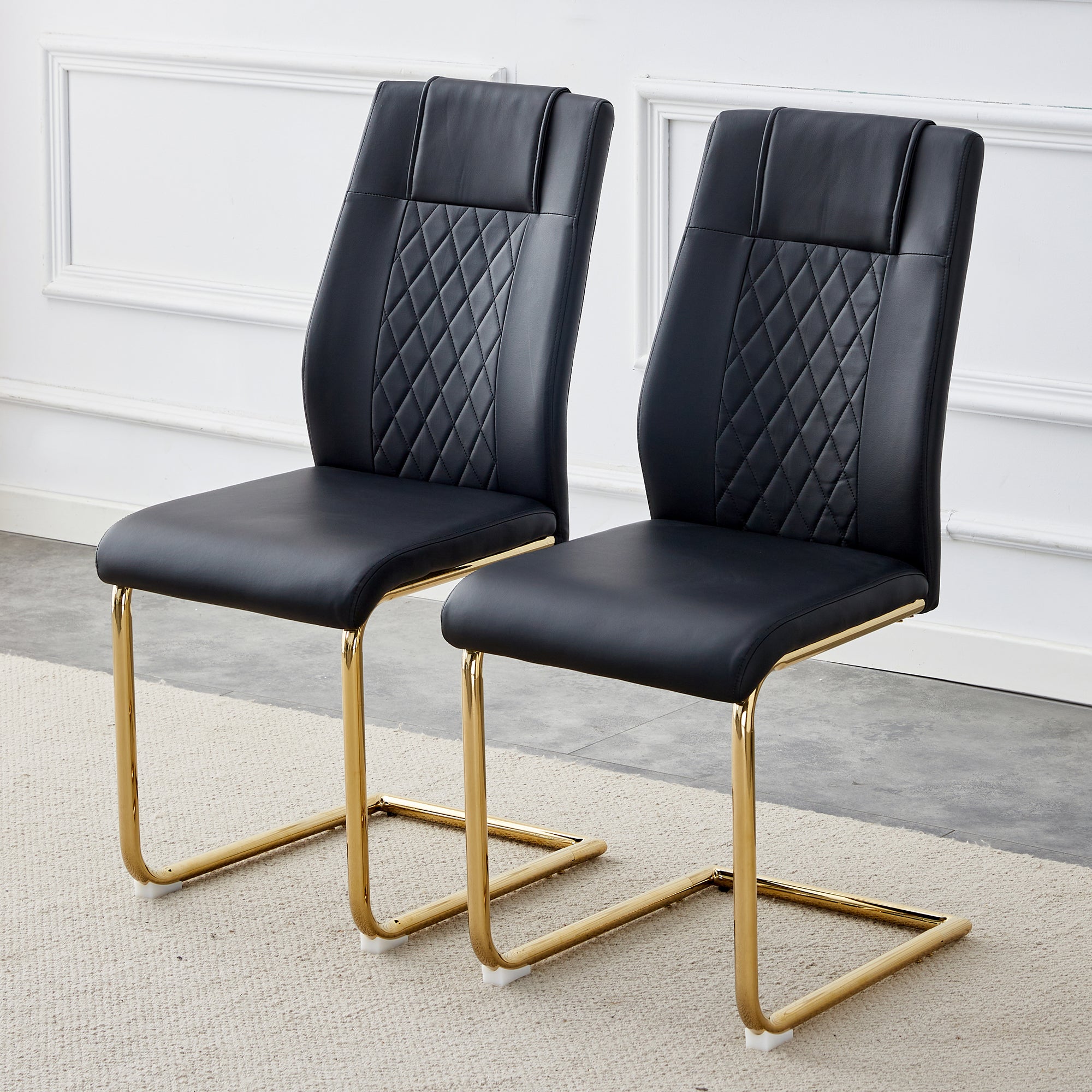 4 Pcs Faux Leather Upholstered Grid High Back Dining Chairs with Metal Base- Black, Gold_3