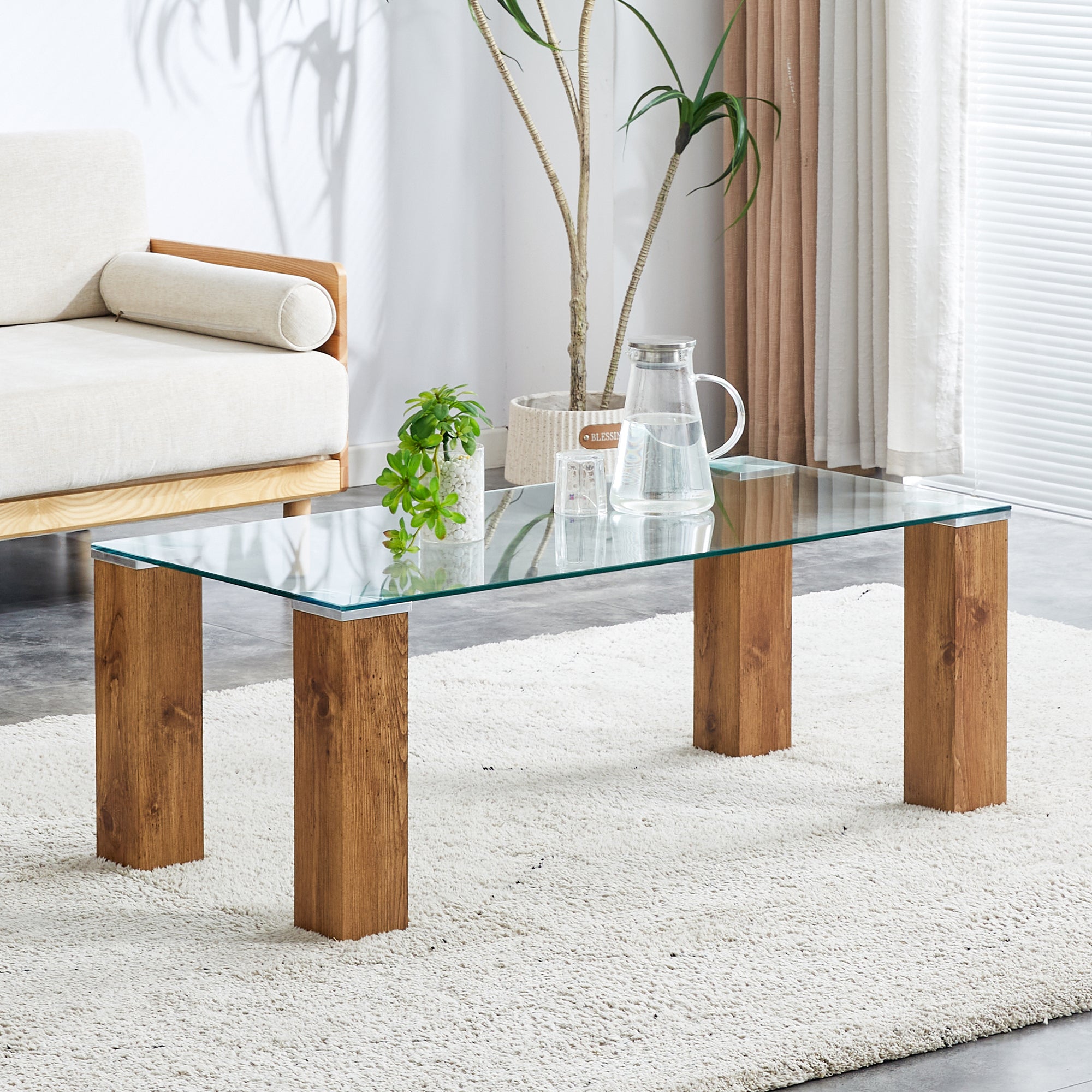 Modern Designed Glass-Top Transparent Rectangular Coffee Table with MDF Legs_4