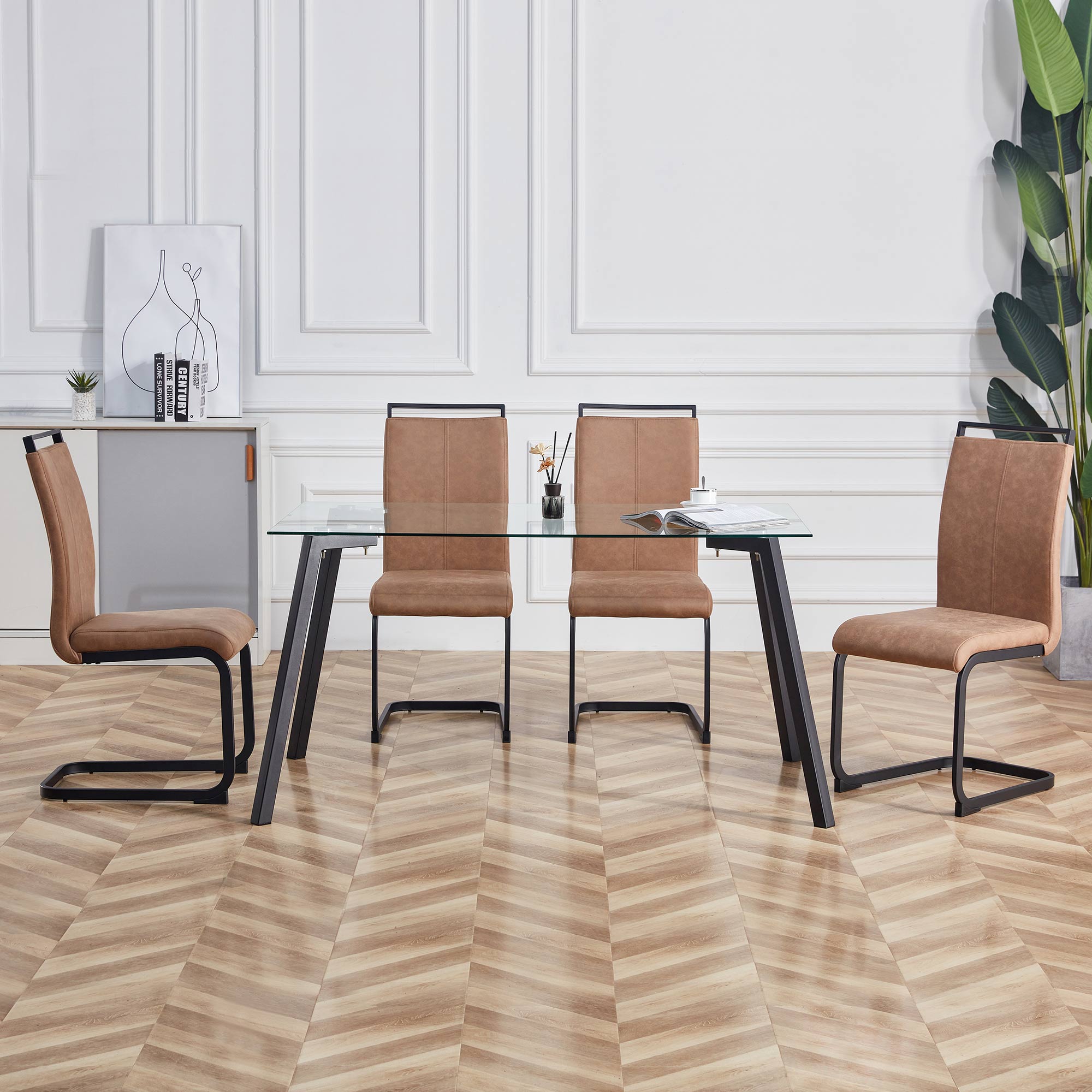 Set of 4 Modern High Back Upholstered Side Chair with C-shaped Legs- Brown, Black_3