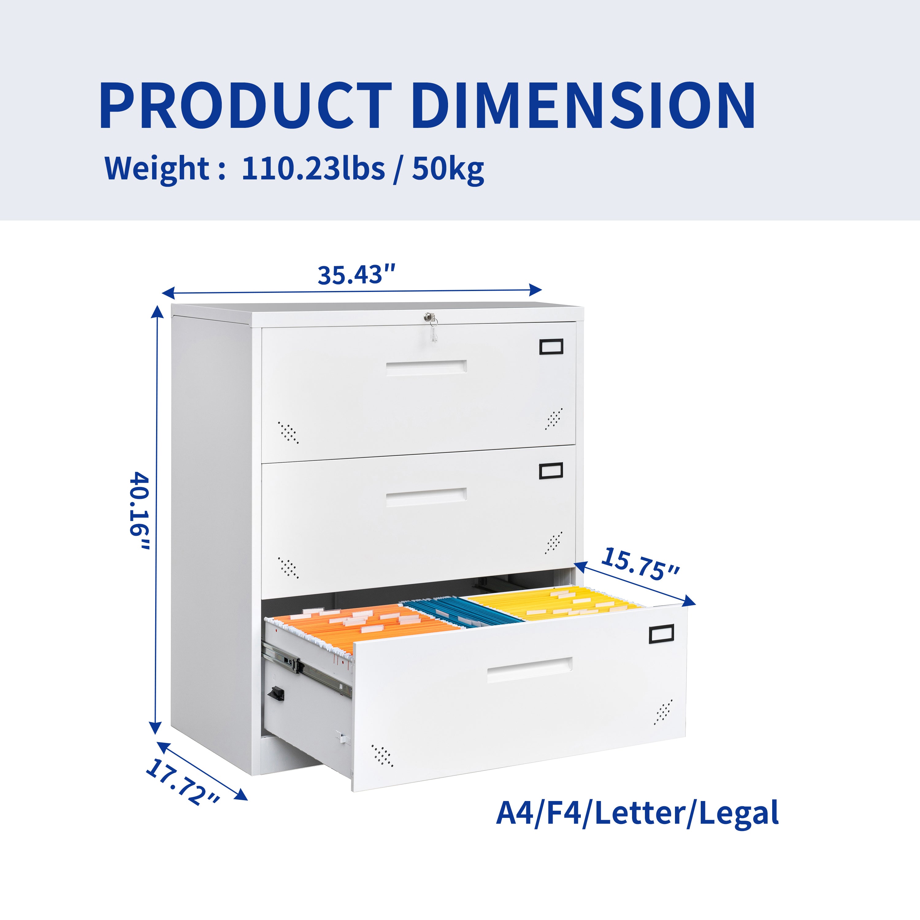 3 Deep Large Drawers Lateral Metal Filing Cabinet for Legal/Letter A4 Size Documents- White_2