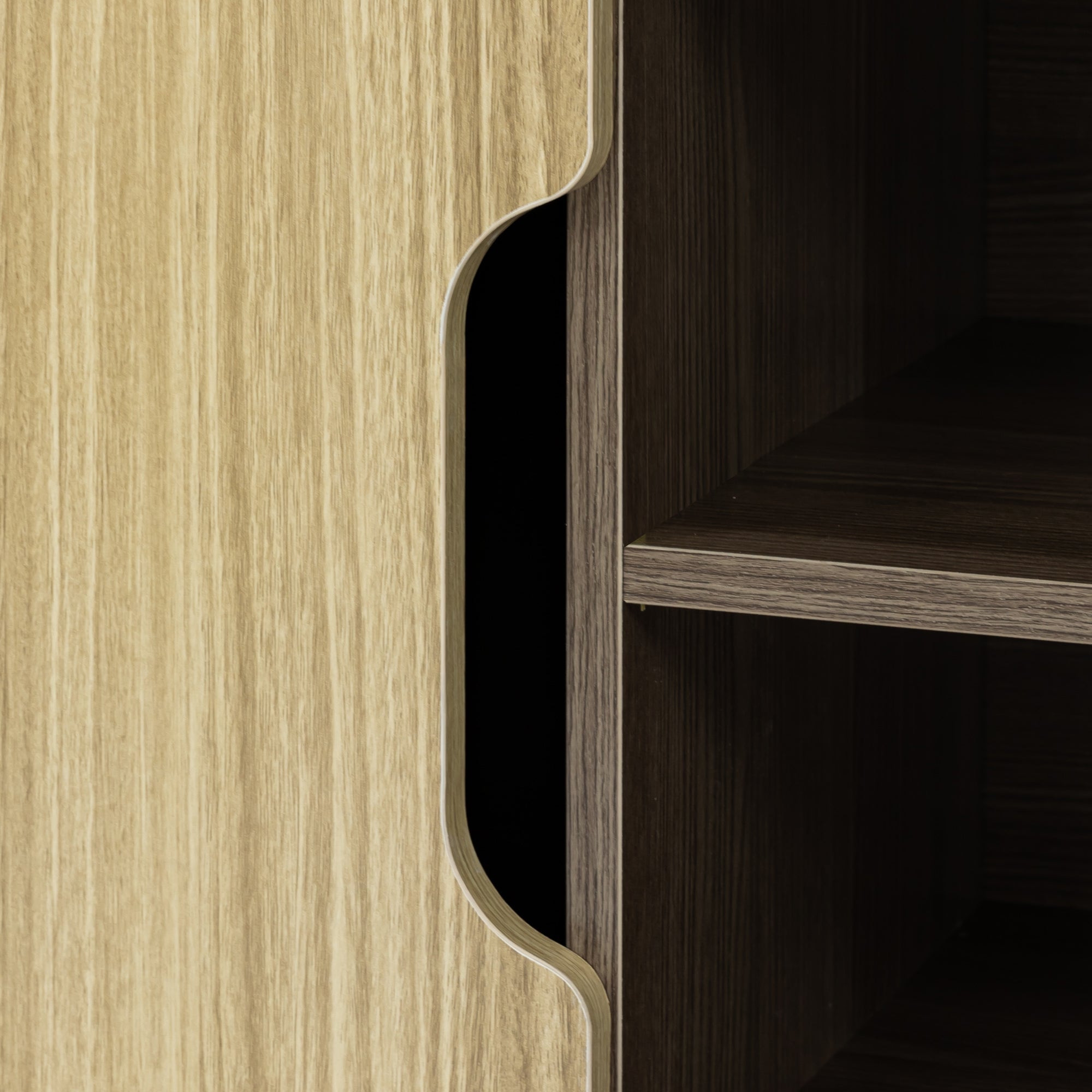 A Modern TV Stand for 70 Inch TV High Gloss Entertainment Center- Beige+Brown with a horizontal grain pattern and two built-in storage drawers underneath, embodying a modern minimalist design.