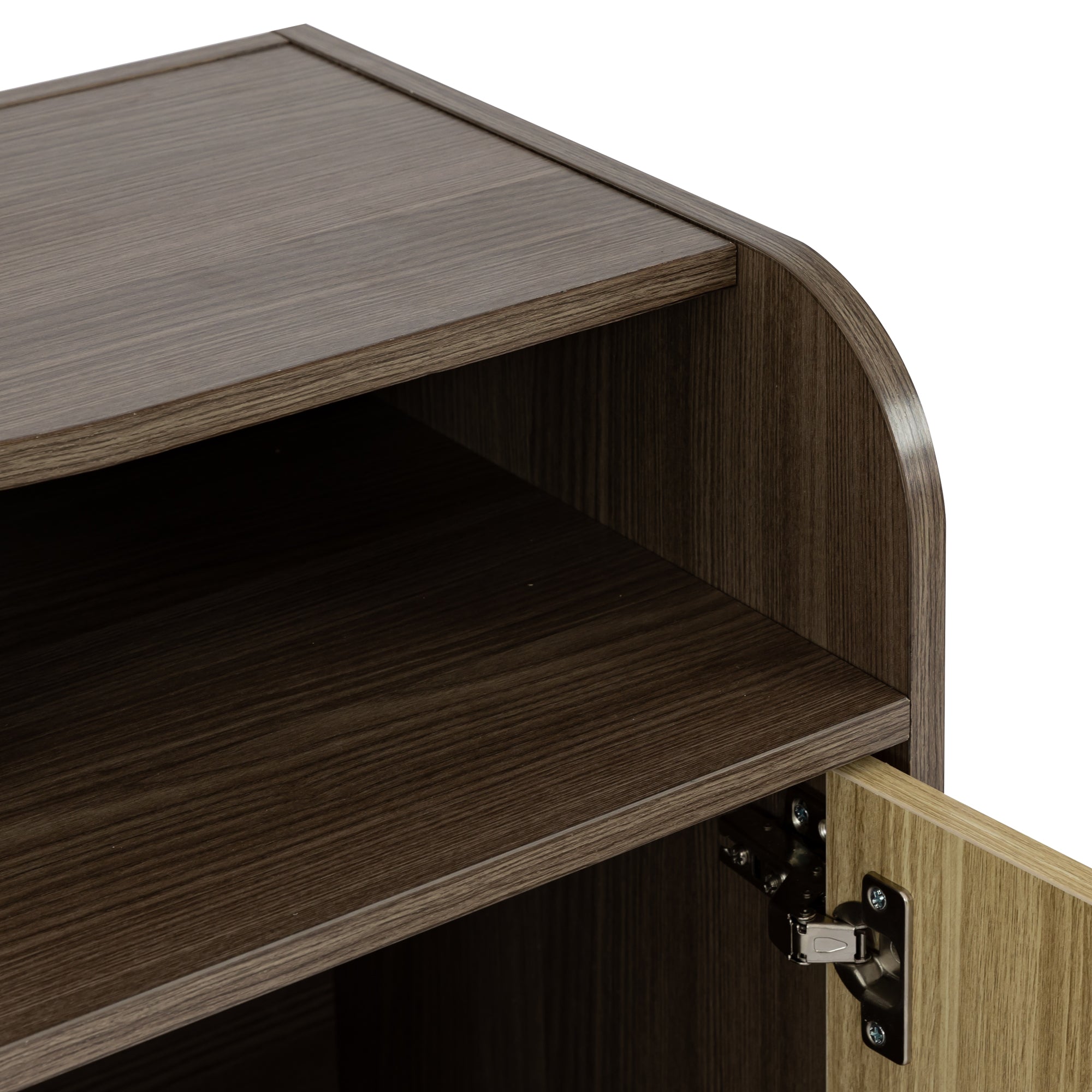 A Modern TV Stand for 70 Inch TV High Gloss Entertainment Center- Beige+Brown with a horizontal grain pattern and two built-in storage drawers underneath, embodying a modern minimalist design.