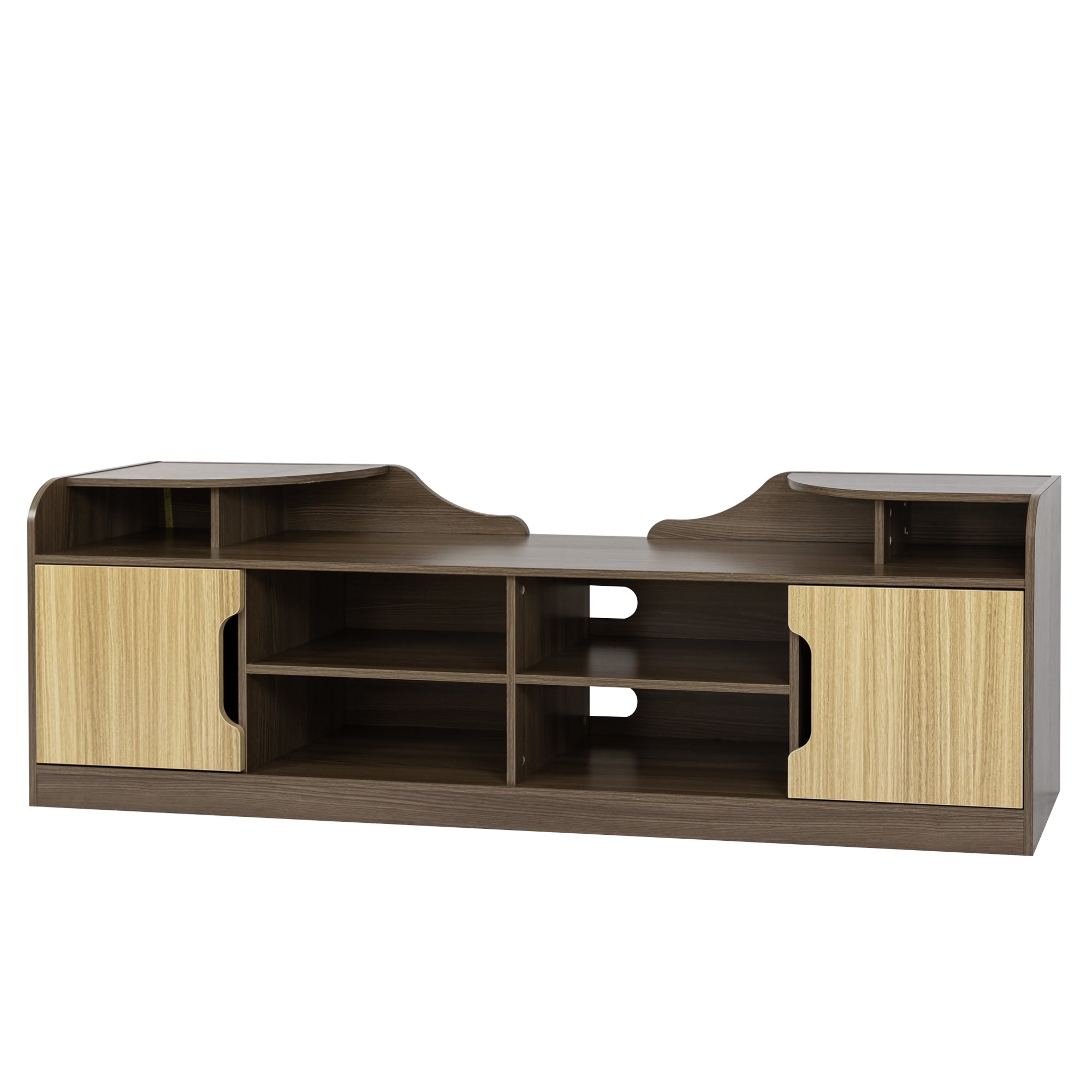 A Modern TV Stand for 70 Inch TV High Gloss Entertainment Center- Beige+Brown with a horizontal grain pattern and two built-in storage drawers underneath, embodying a modern minimalist design.