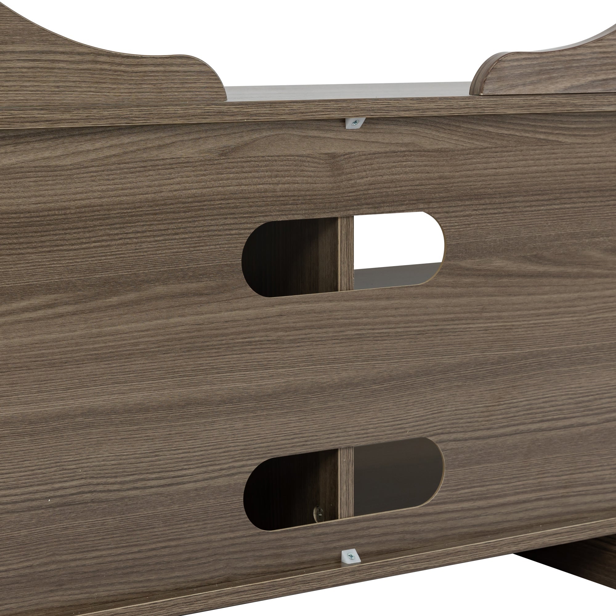 A Modern TV Stand for 70 Inch TV High Gloss Entertainment Center- Beige+Brown with a horizontal grain pattern and two built-in storage drawers underneath, embodying a modern minimalist design.