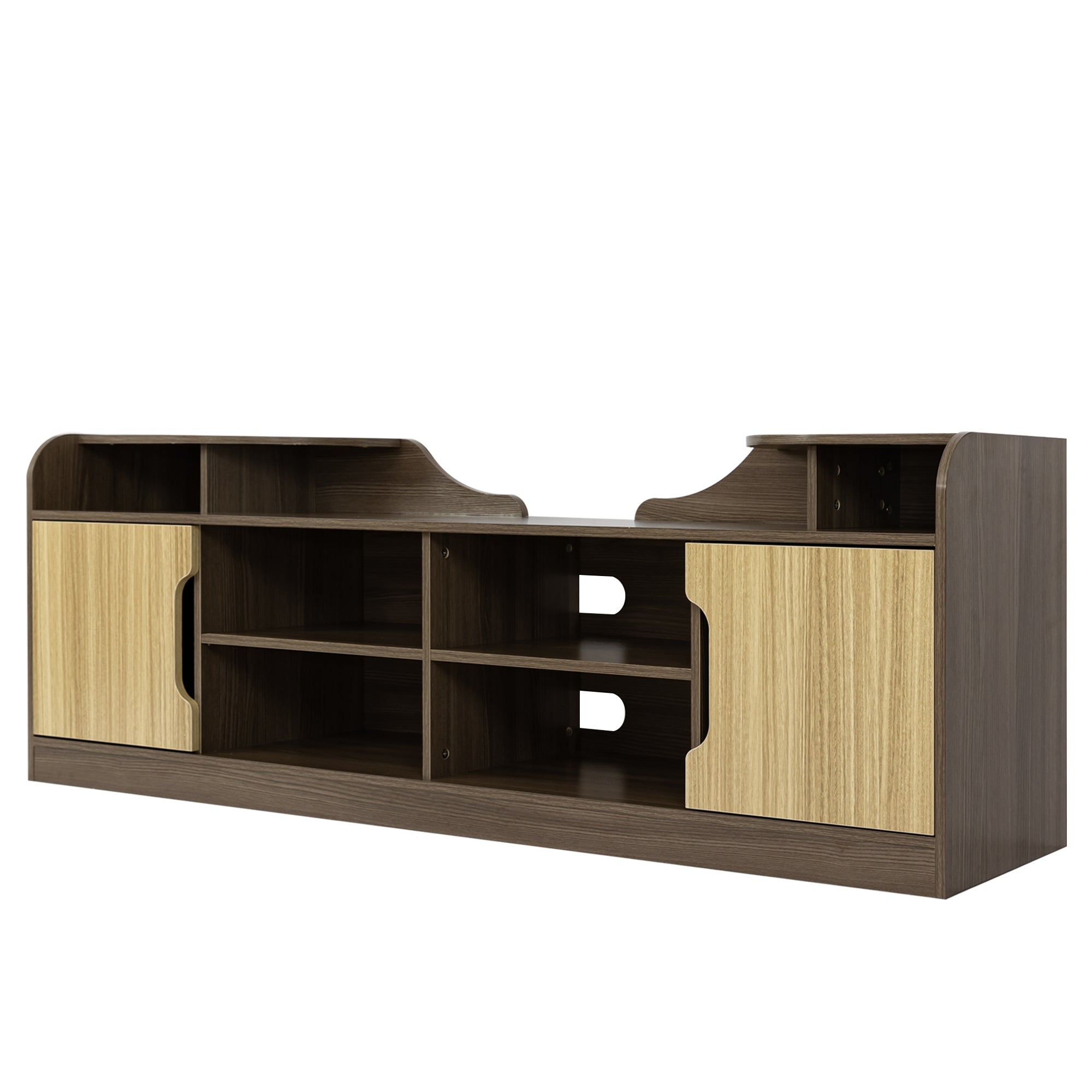 A Modern TV Stand for 70 Inch TV High Gloss Entertainment Center- Beige+Brown with a horizontal grain pattern and two built-in storage drawers underneath, embodying a modern minimalist design.