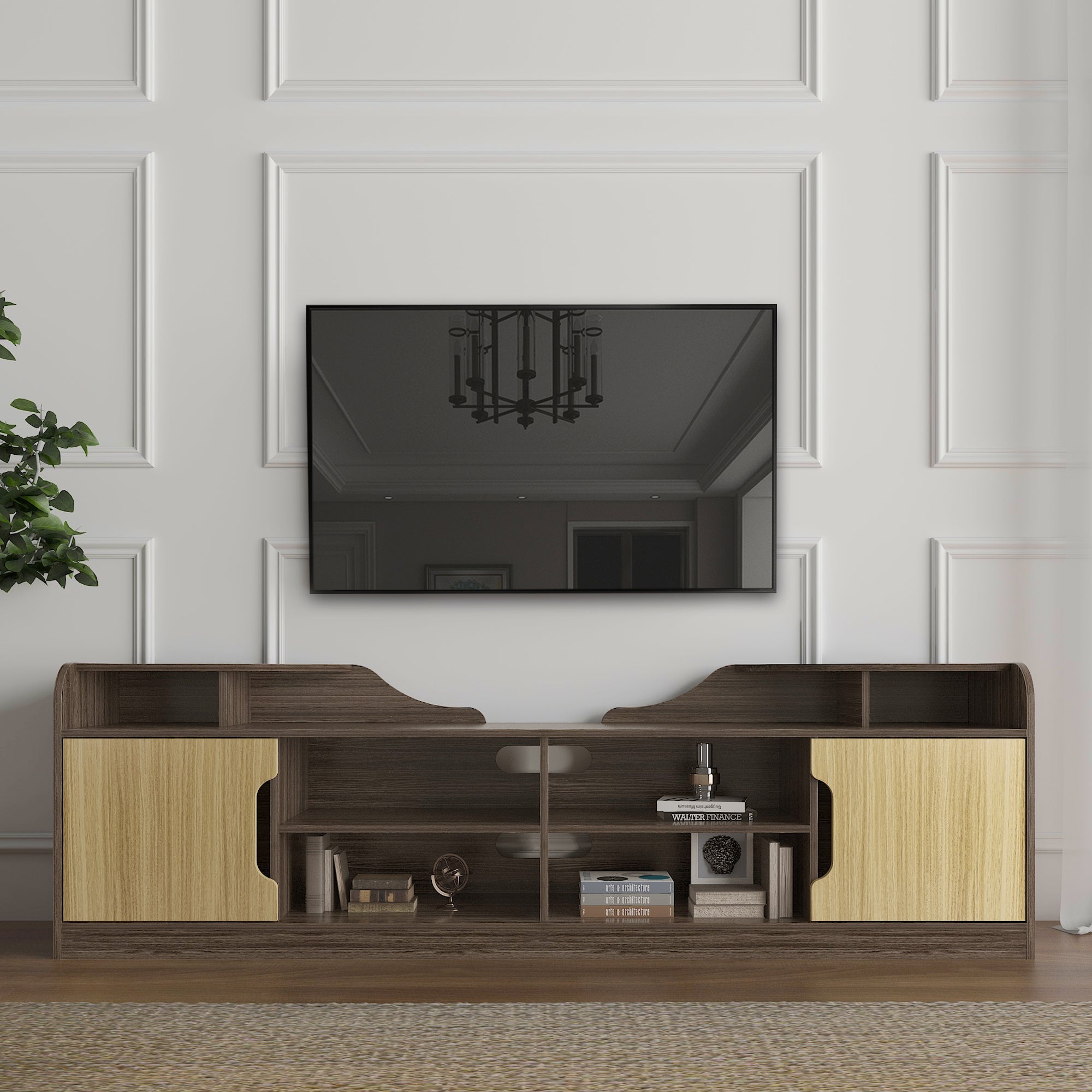 A Modern TV Stand for 70 Inch TV High Gloss Entertainment Center- Beige+Brown with a horizontal grain pattern and two built-in storage drawers underneath, embodying a modern minimalist design.