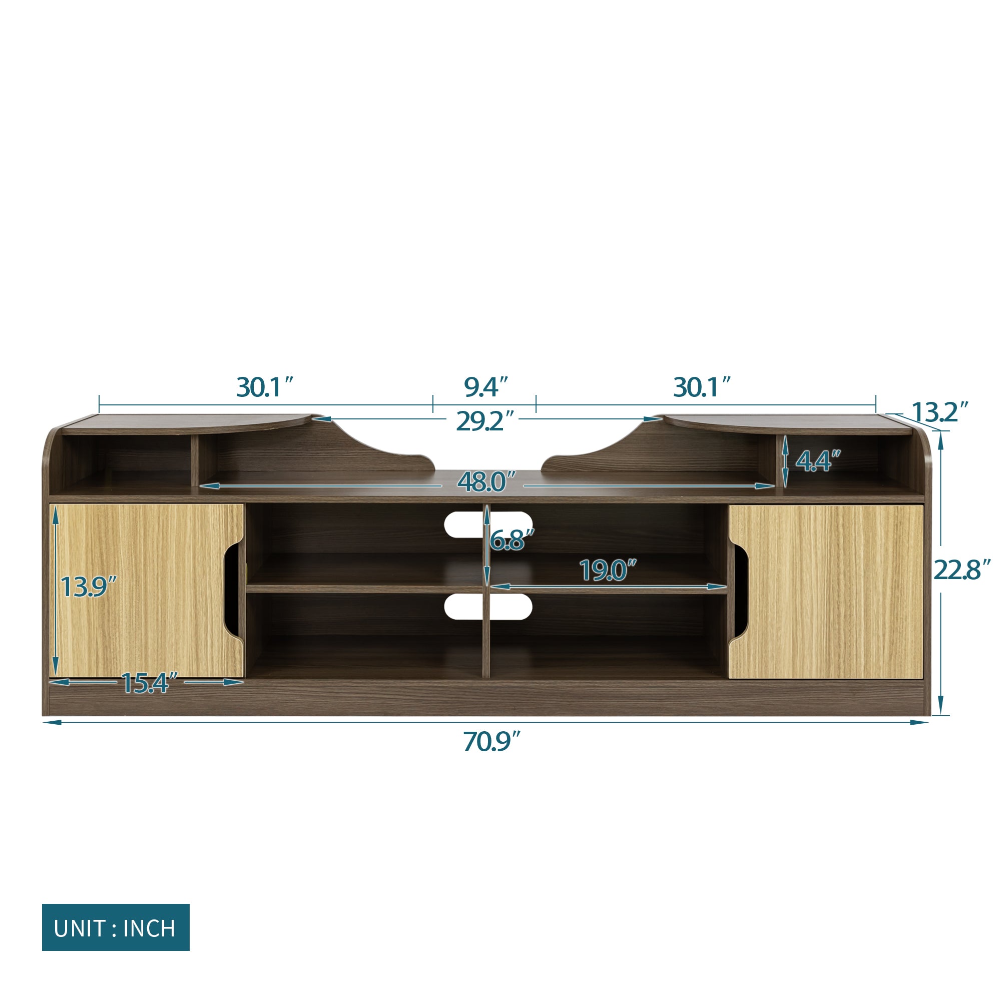 A Modern TV Stand for 70 Inch TV High Gloss Entertainment Center- Beige+Brown with a horizontal grain pattern and two built-in storage drawers underneath, embodying a modern minimalist design.