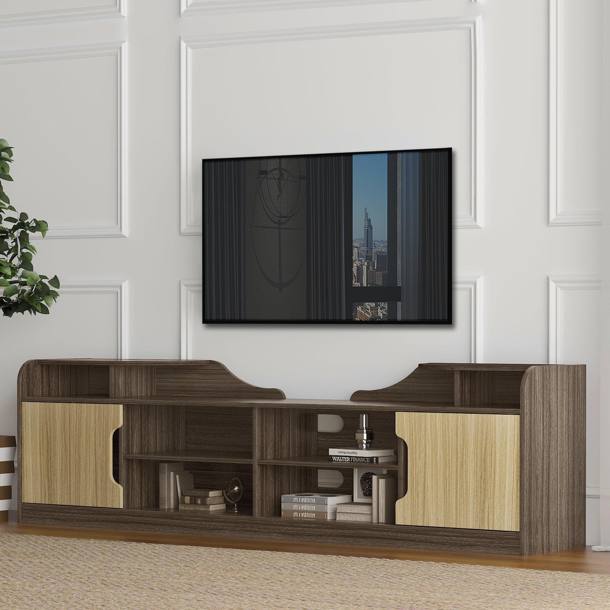 A Modern TV Stand for 70 Inch TV High Gloss Entertainment Center- Beige+Brown with a horizontal grain pattern and two built-in storage drawers underneath, embodying a modern minimalist design.