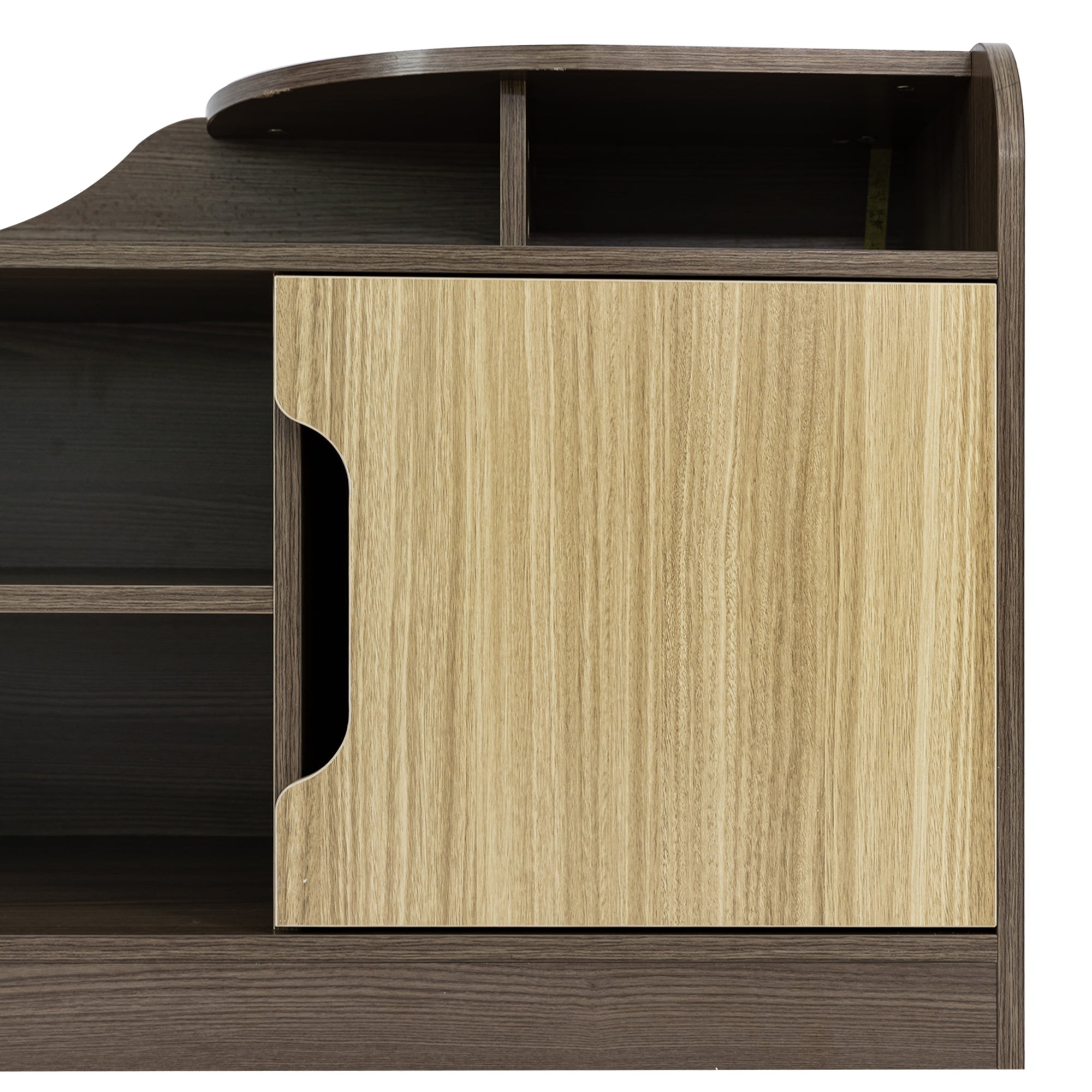 A Modern TV Stand for 70 Inch TV High Gloss Entertainment Center- Beige+Brown with a horizontal grain pattern and two built-in storage drawers underneath, embodying a modern minimalist design.