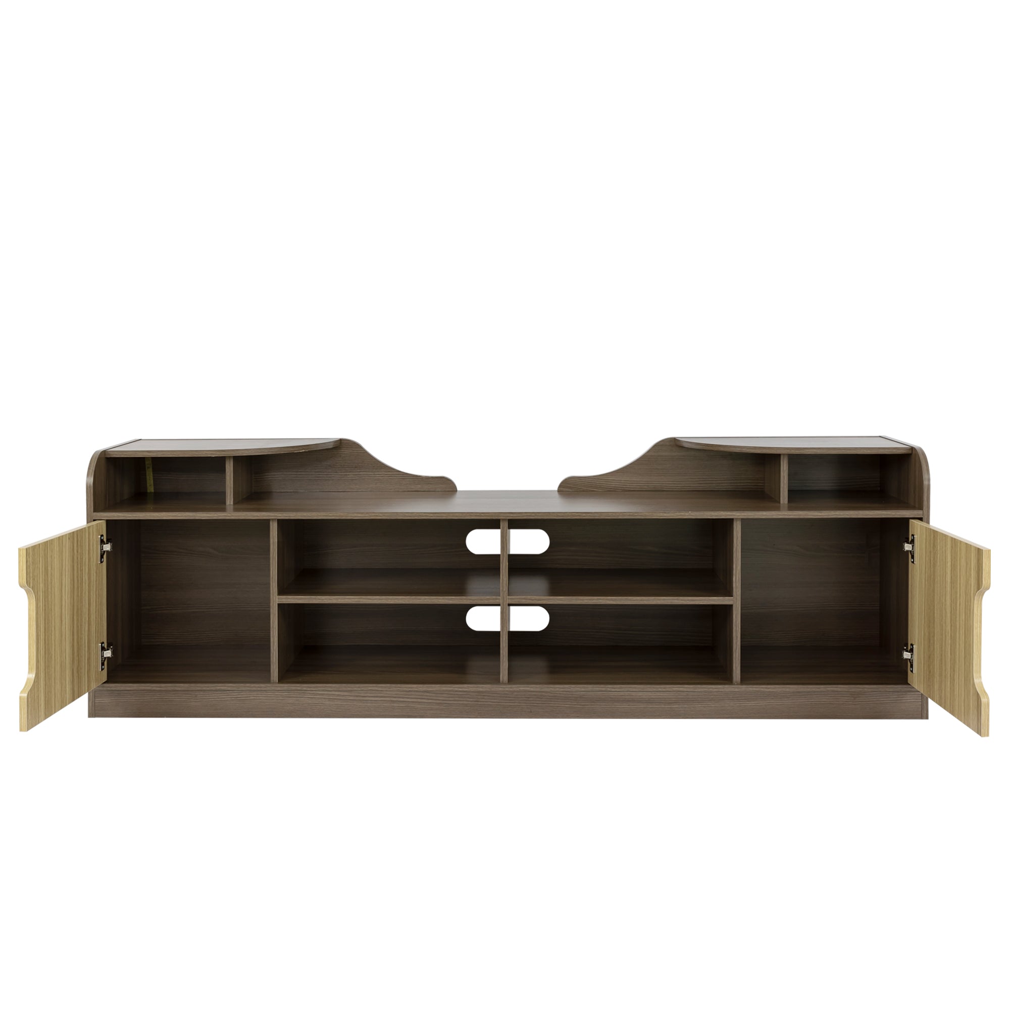 A Modern TV Stand for 70 Inch TV High Gloss Entertainment Center- Beige+Brown with a horizontal grain pattern and two built-in storage drawers underneath, embodying a modern minimalist design.