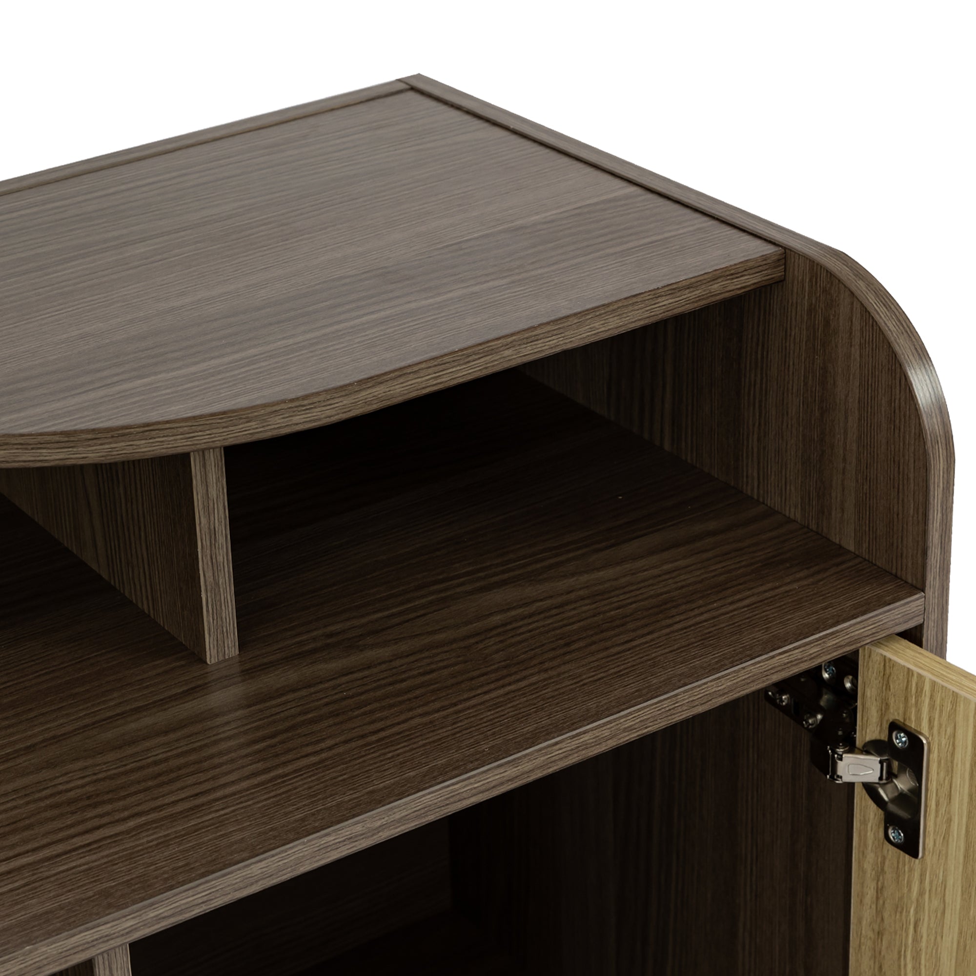 A Modern TV Stand for 70 Inch TV High Gloss Entertainment Center- Beige+Brown with a horizontal grain pattern and two built-in storage drawers underneath, embodying a modern minimalist design.