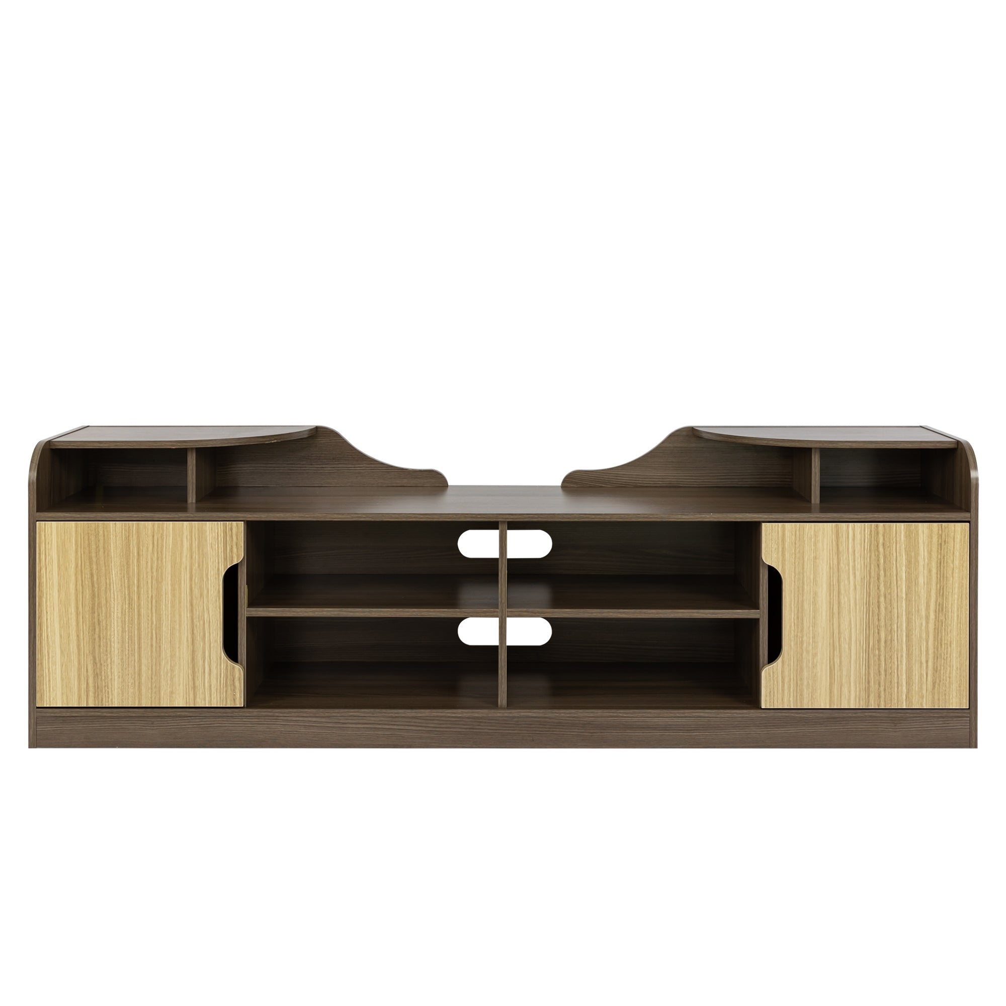 A Modern TV Stand for 70 Inch TV High Gloss Entertainment Center- Beige+Brown with a horizontal grain pattern and two built-in storage drawers underneath, embodying a modern minimalist design.