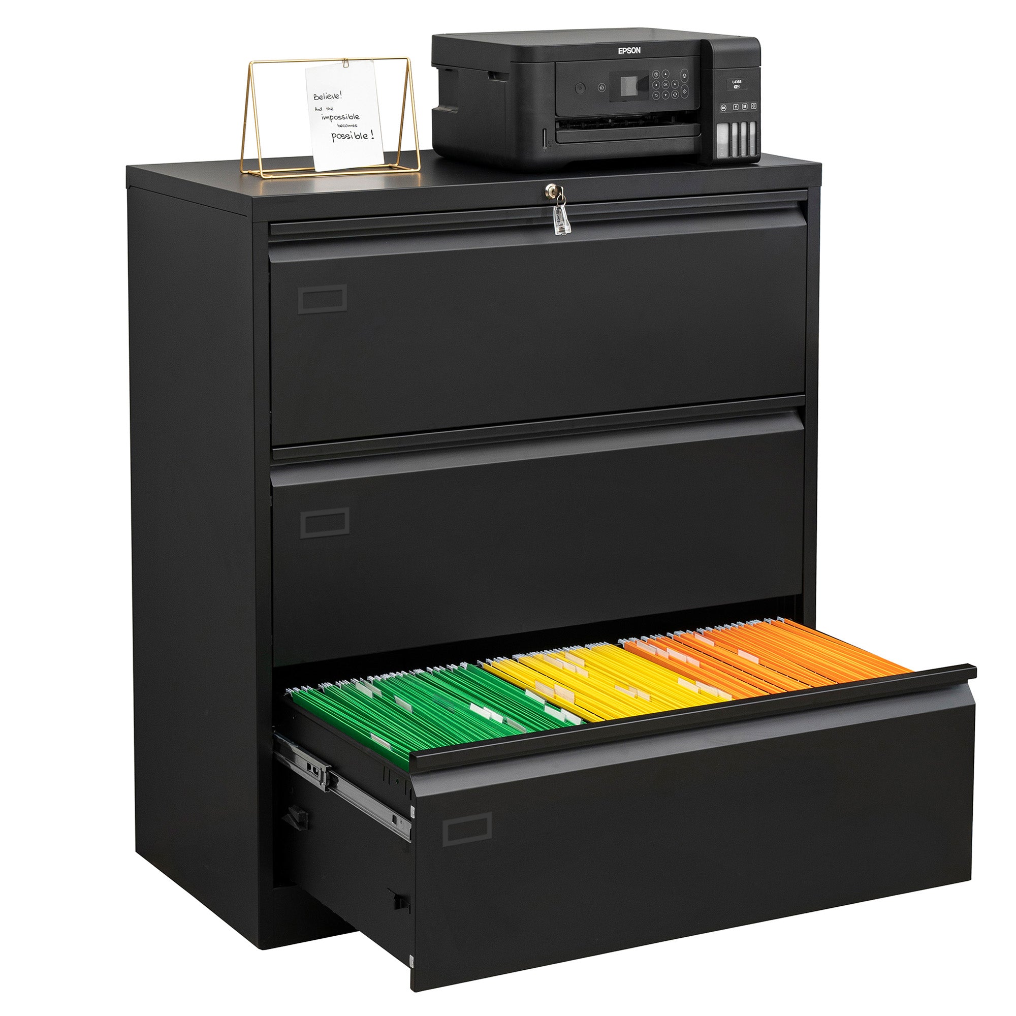 3 Deep Large Drawers Lateral Metal Filing Cabinet for Legal/Letter A4 Size Documents- Black_3