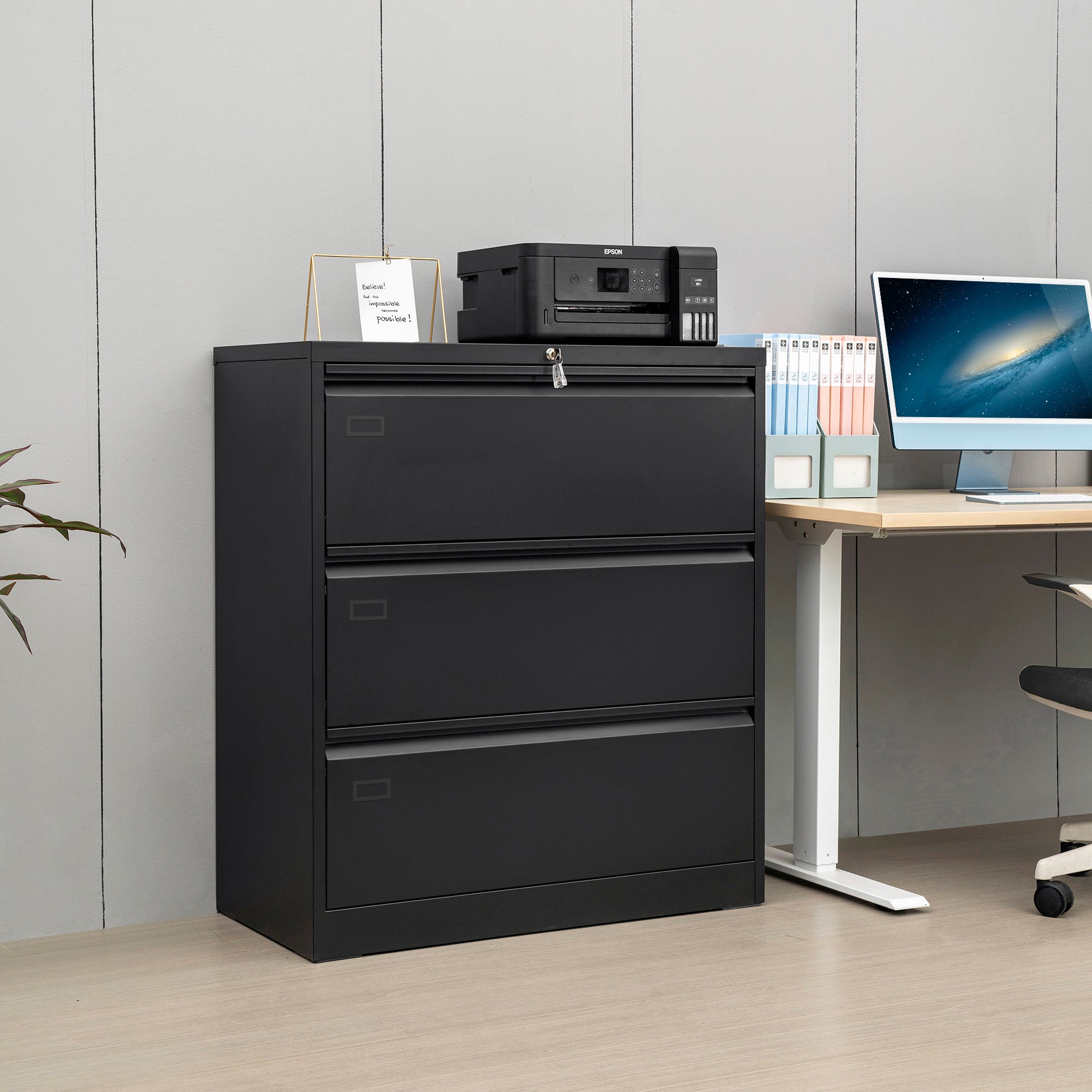 3 Deep Large Drawers Lateral Metal Filing Cabinet for Legal/Letter A4 Size Documents- Black_1