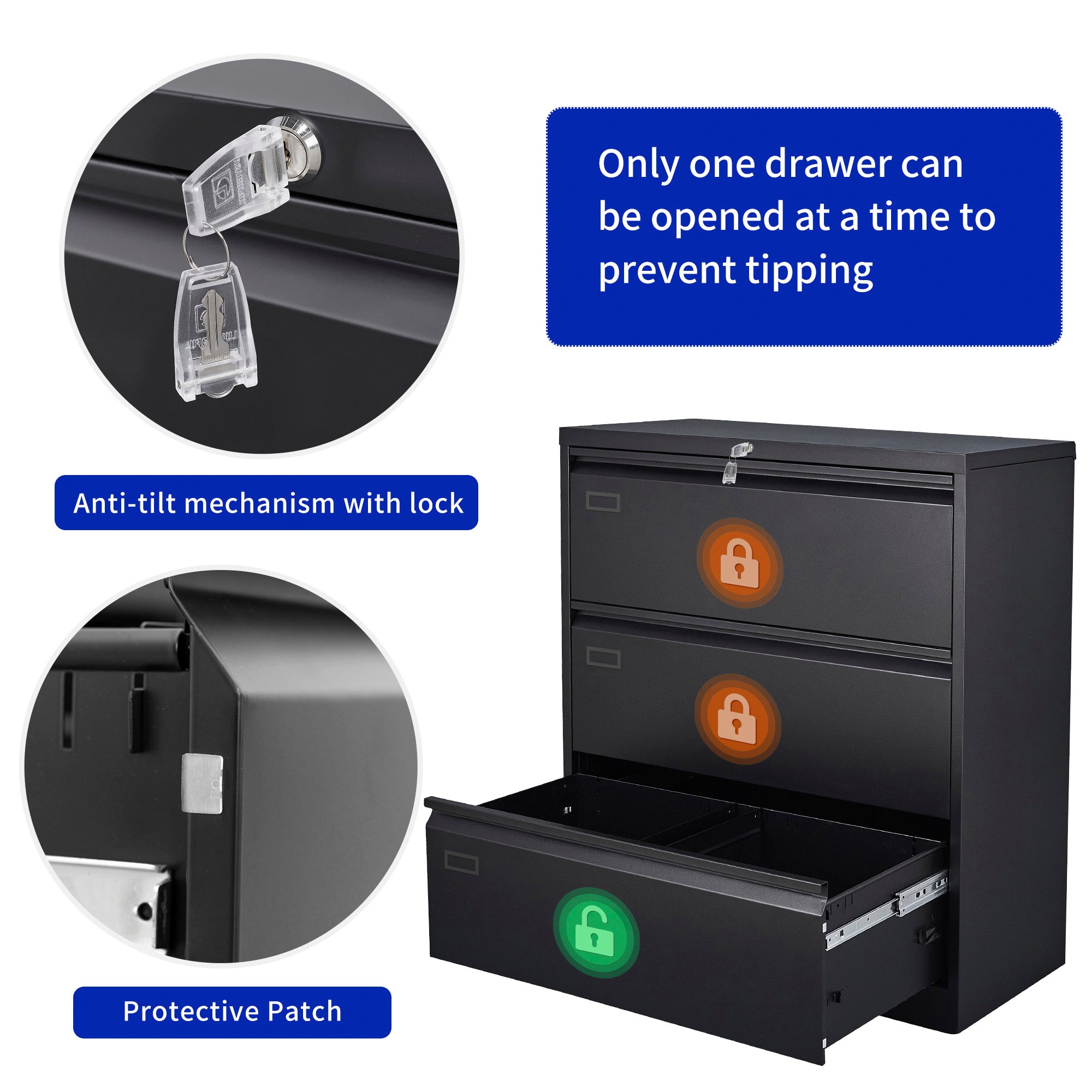 3 Deep Large Drawers Lateral Metal Filing Cabinet for Legal/Letter A4 Size Documents- Black_5