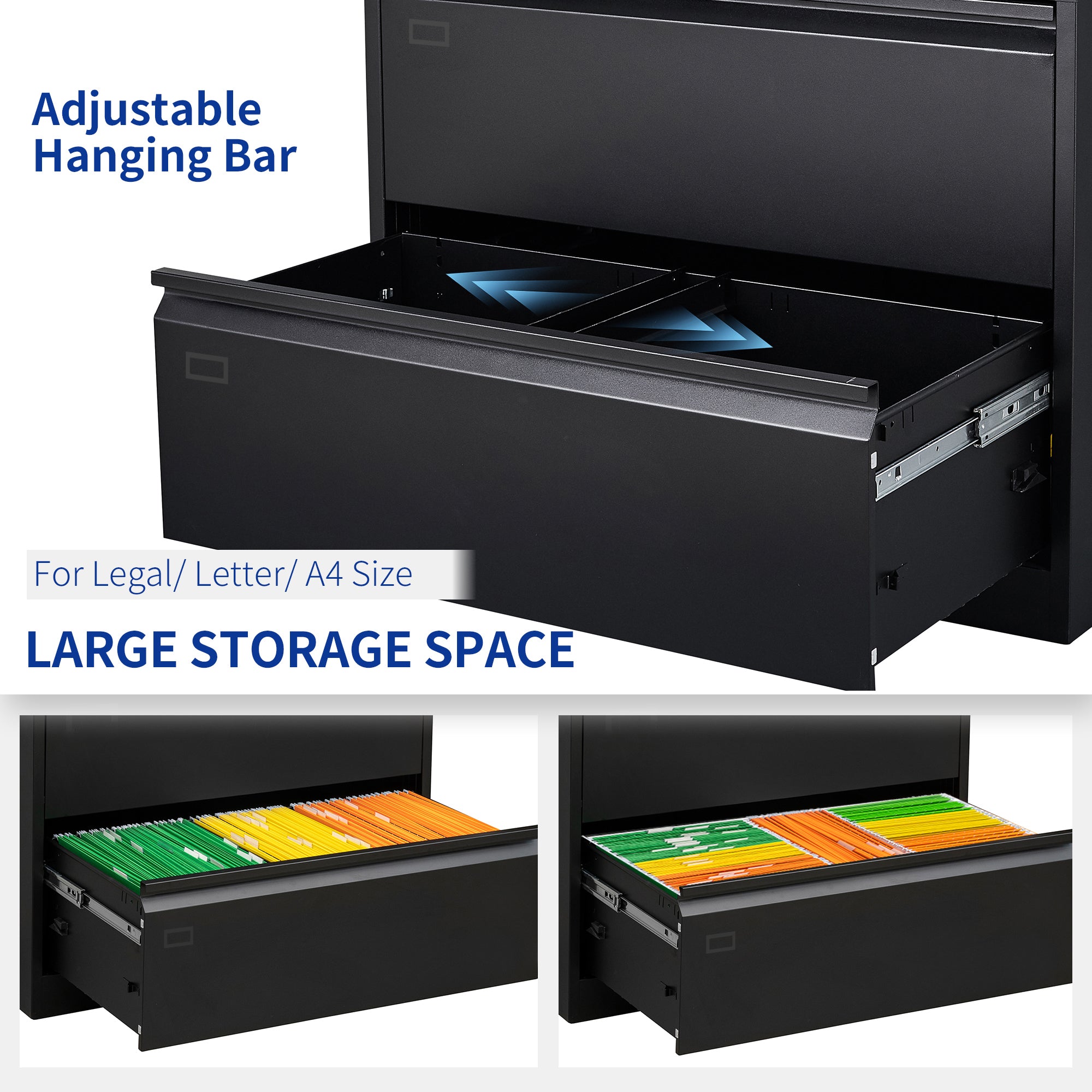 3 Deep Large Drawers Lateral Metal Filing Cabinet for Legal/Letter A4 Size Documents- Black_6
