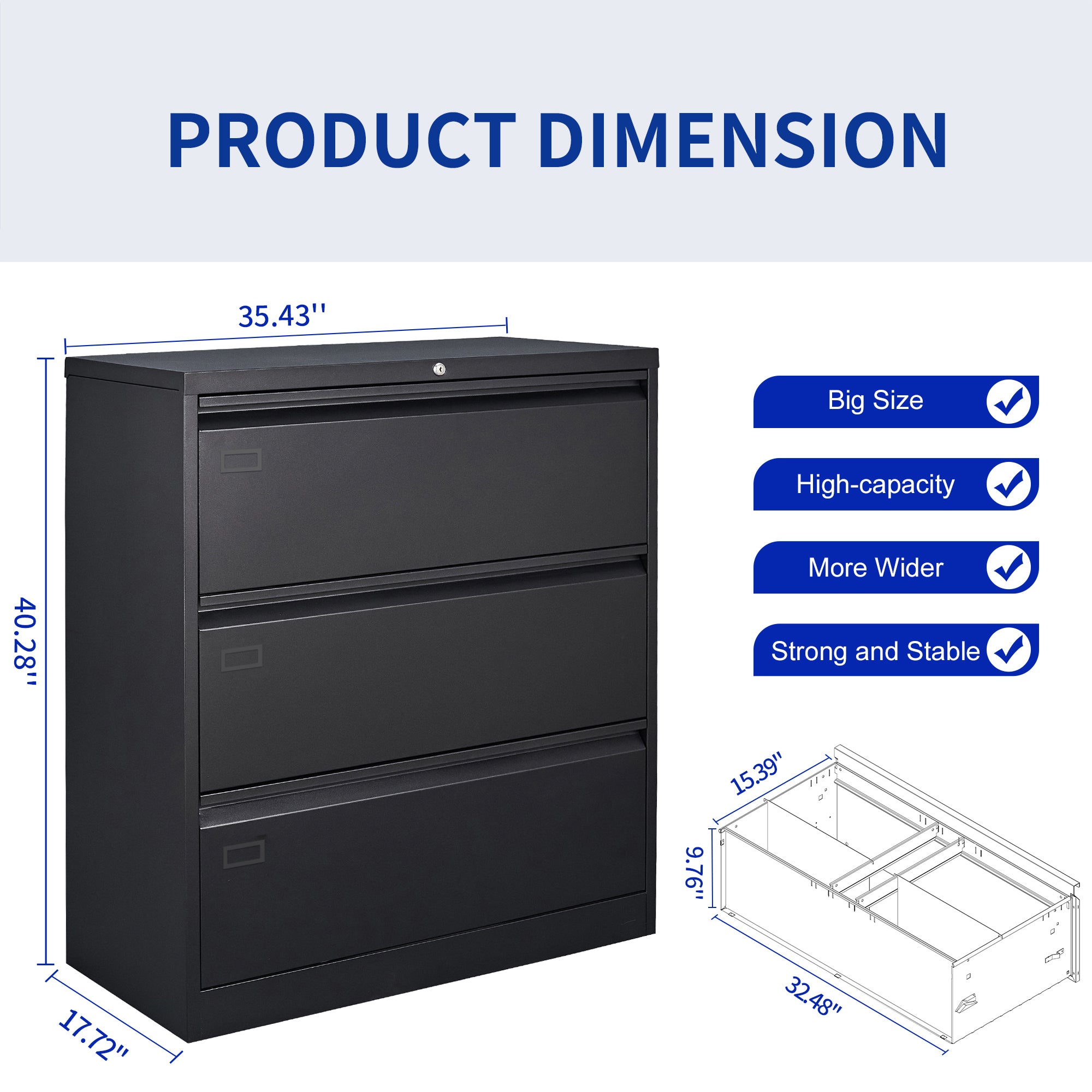 3 Deep Large Drawers Lateral Metal Filing Cabinet for Legal/Letter A4 Size Documents- Black_4