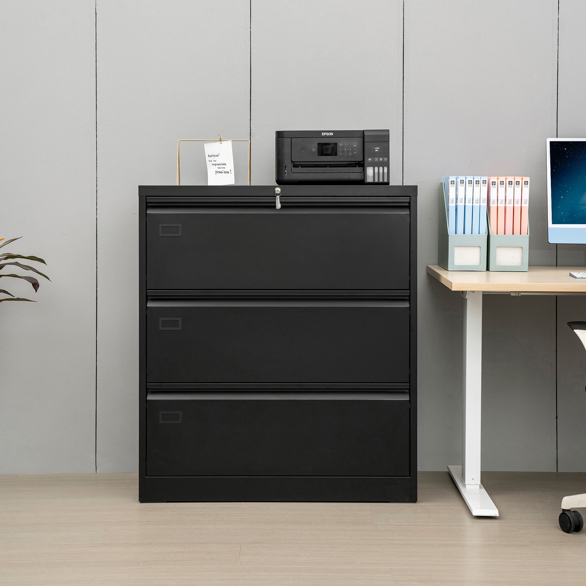 3 Deep Large Drawers Lateral Metal Filing Cabinet for Legal/Letter A4 Size Documents- Black_2