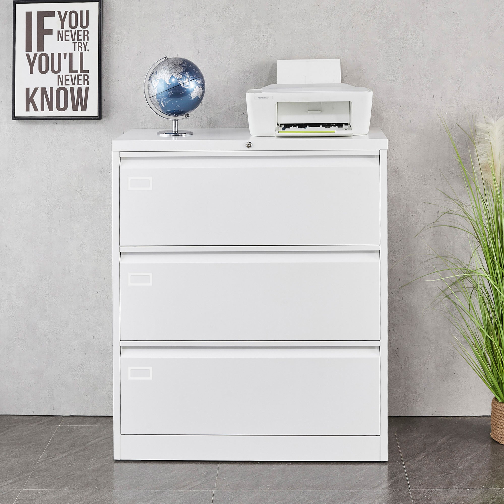 3 Large Drawers Lateral Metal Filing Cabinet for Legal/Letter A4 Size Documents- White_2