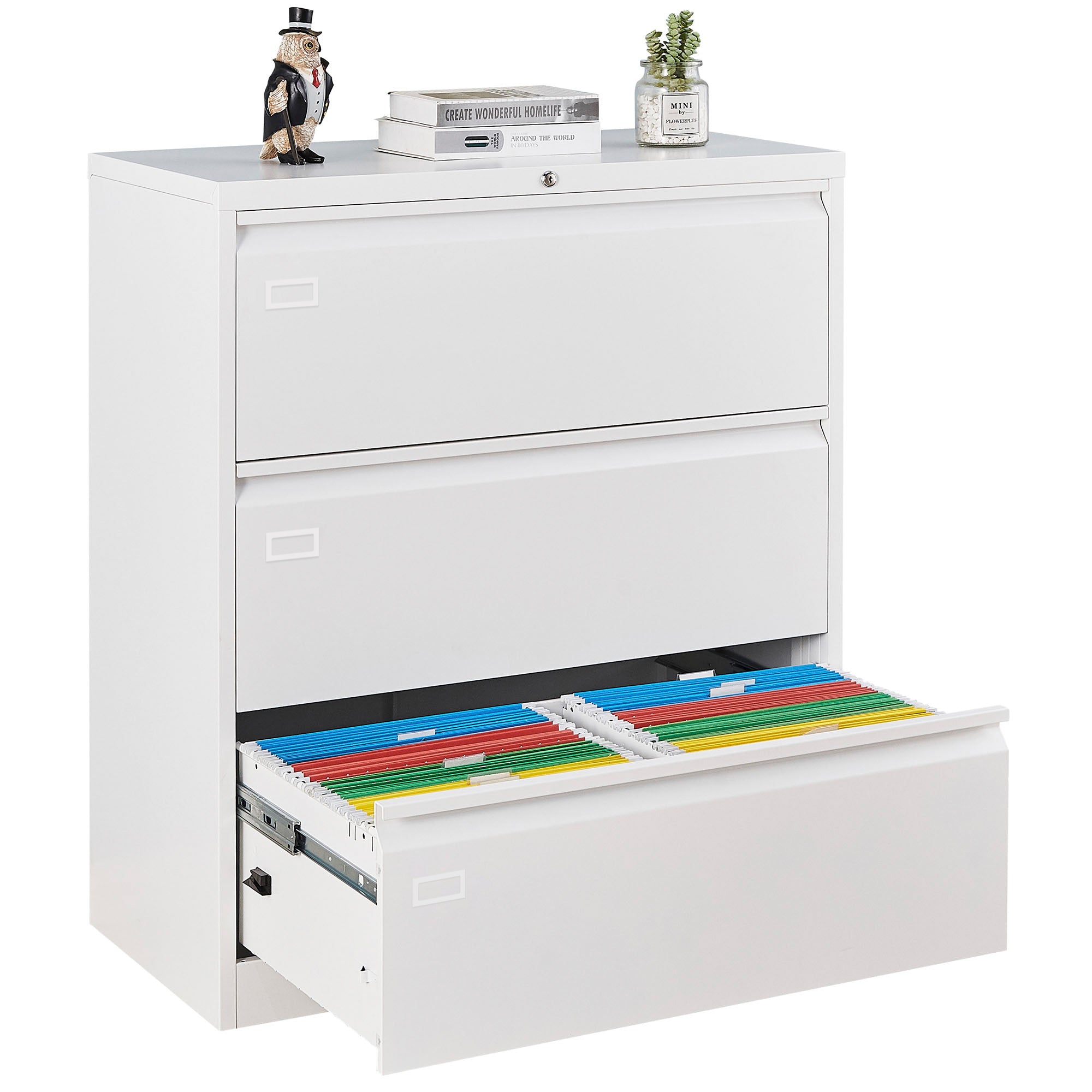 3 Large Drawers Lateral Metal Filing Cabinet for Legal/Letter A4 Size Documents- White_1