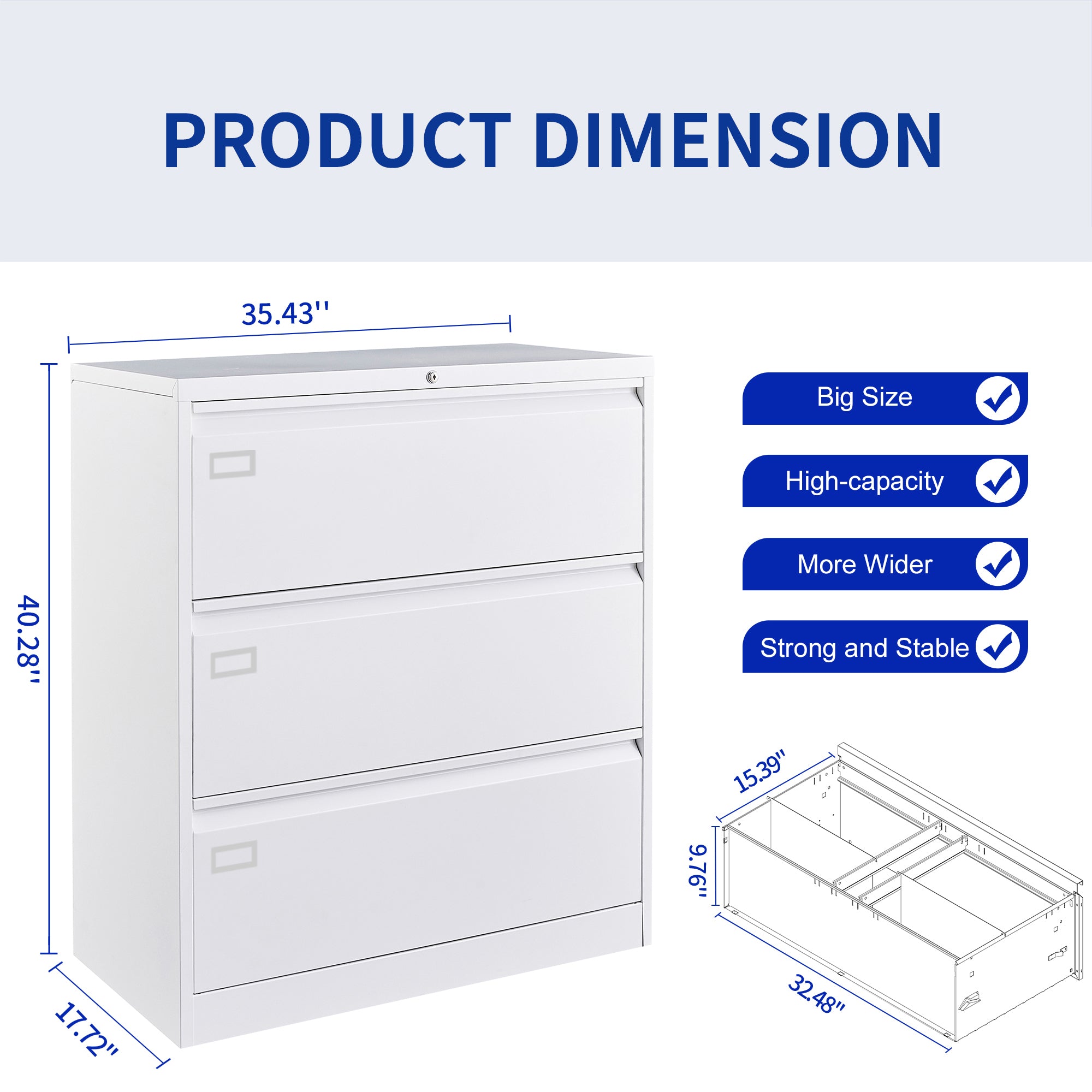 3 Large Drawers Lateral Metal Filing Cabinet for Legal/Letter A4 Size Documents- White_4