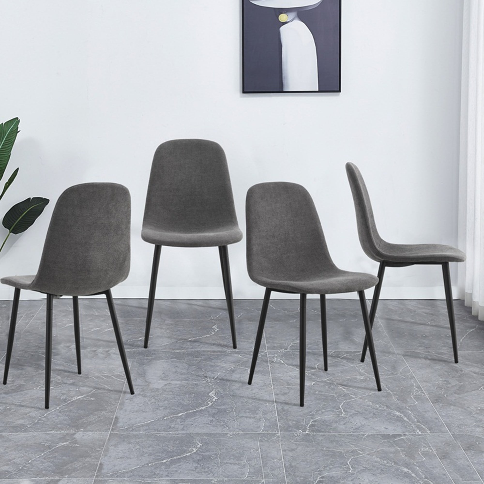 Set of 6 Modern Medieval Style Cushioned Dining Chairs with Black Legs- Dark Gray_2