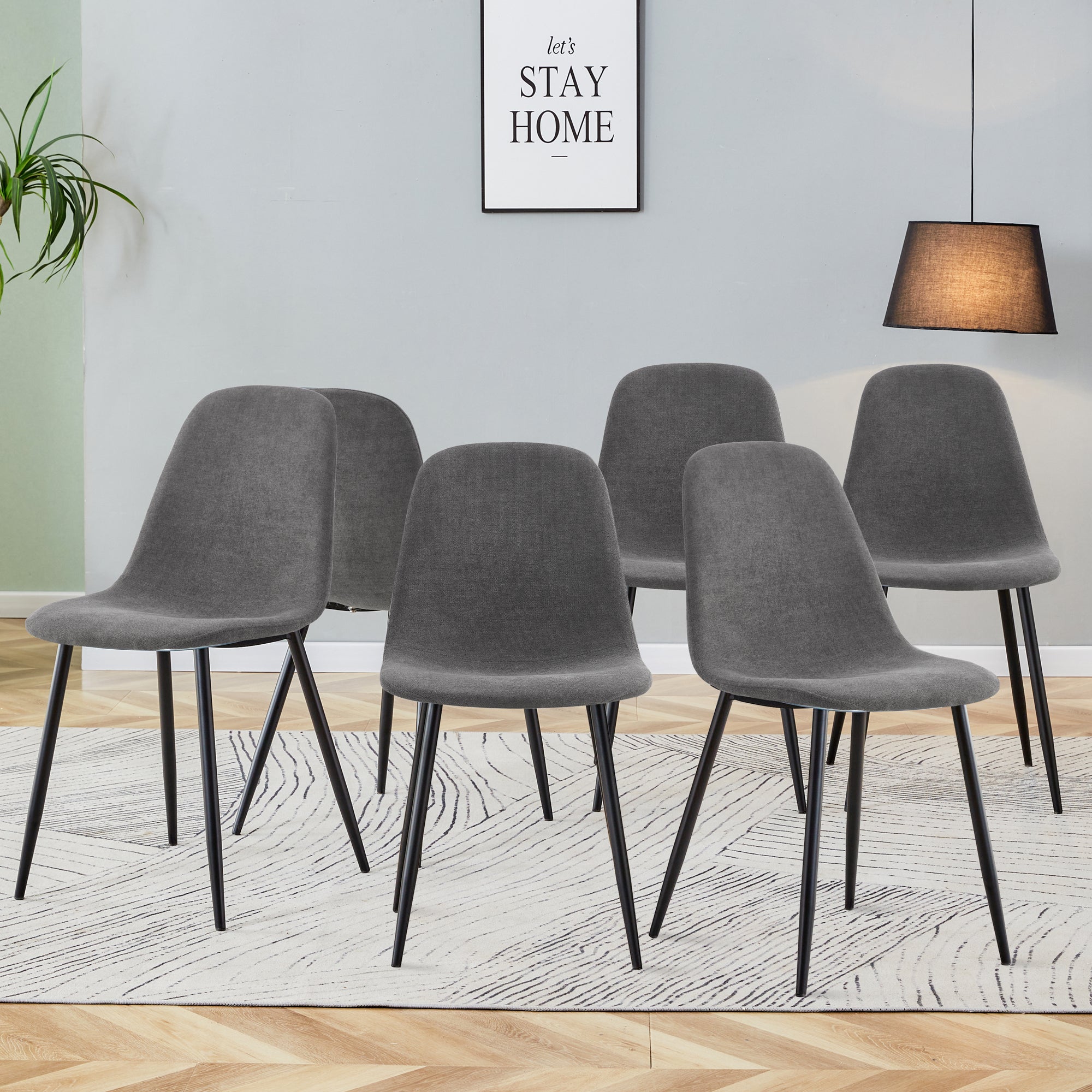 Set of 6 Modern Medieval Style Cushioned Dining Chairs with Black Legs- Dark Gray_1