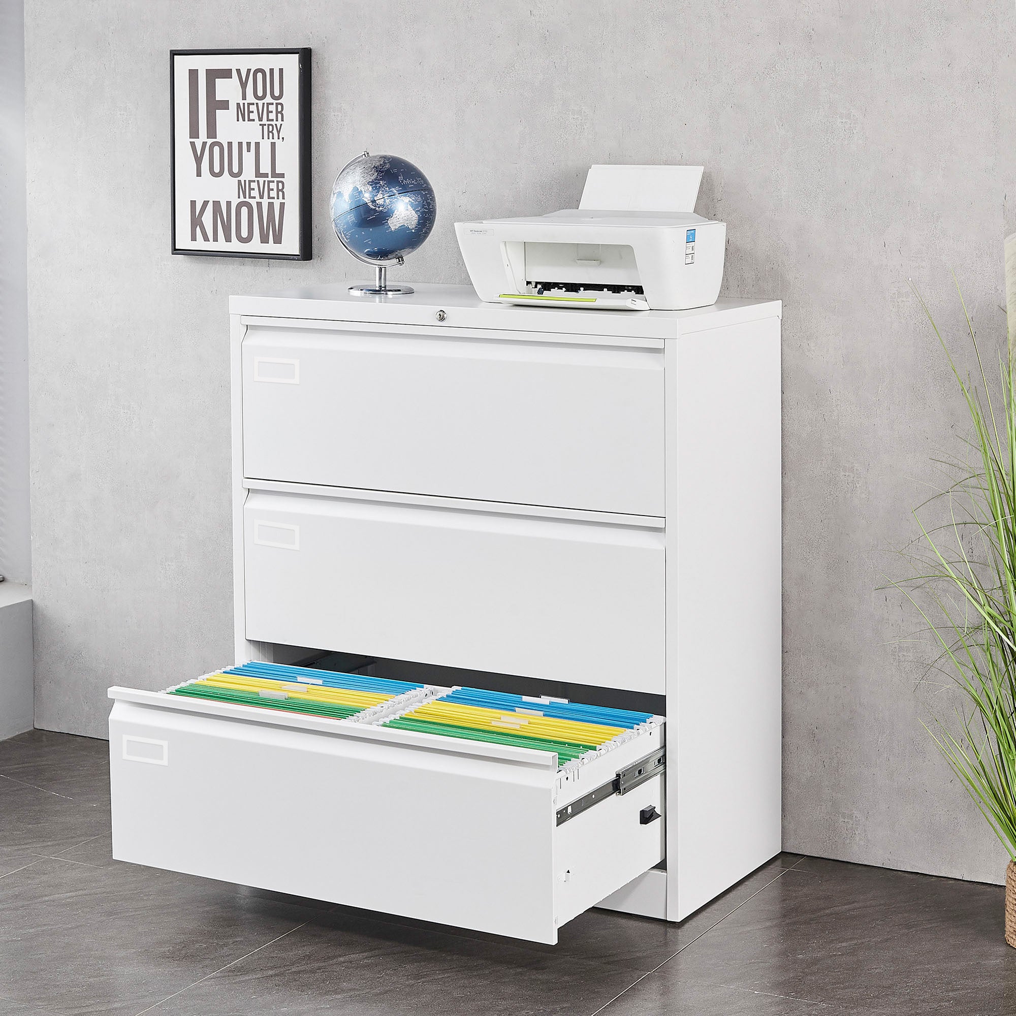 3 Large Drawers Lateral Metal Filing Cabinet for Legal/Letter A4 Size Documents- White_3