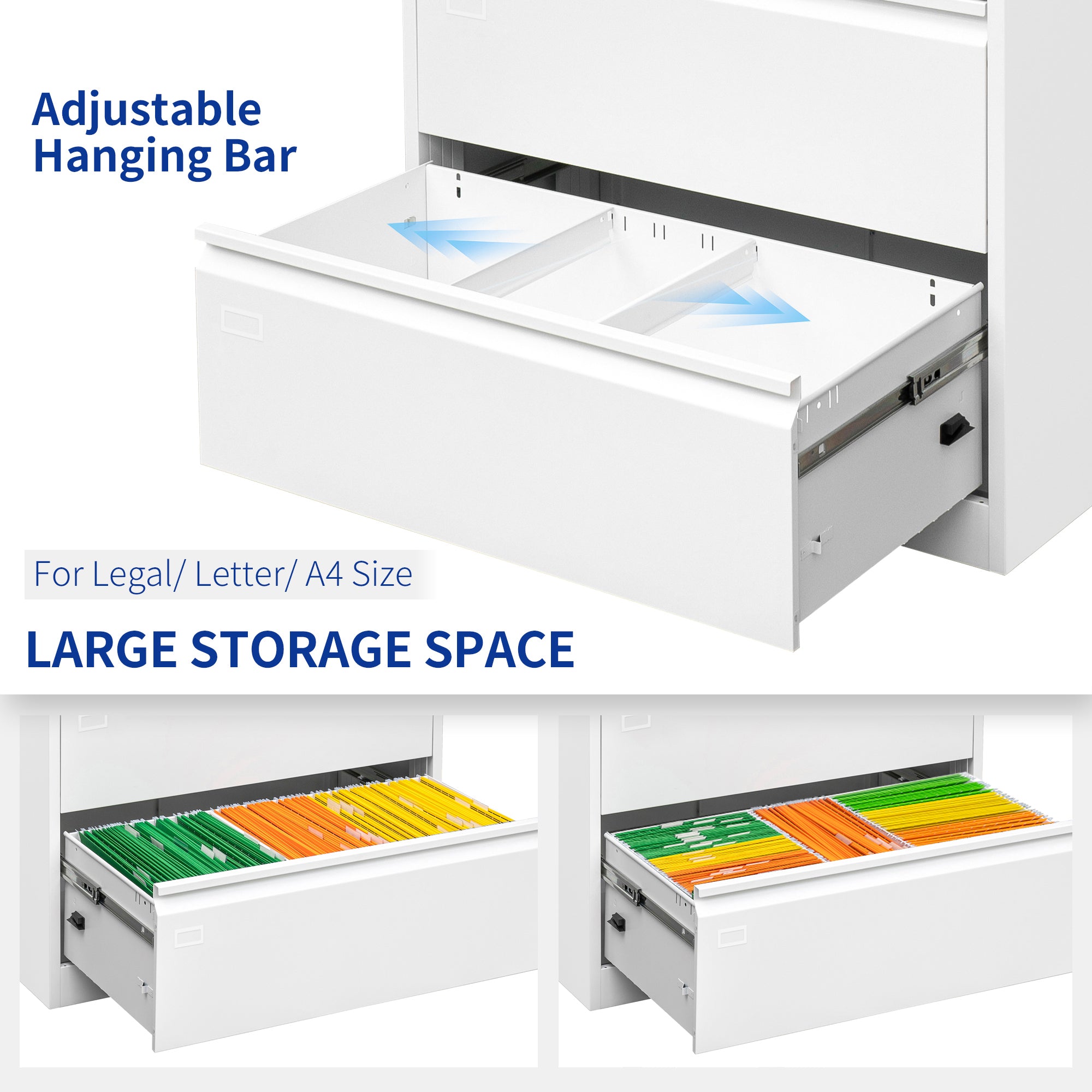 3 Large Drawers Lateral Metal Filing Cabinet for Legal/Letter A4 Size Documents- White_6