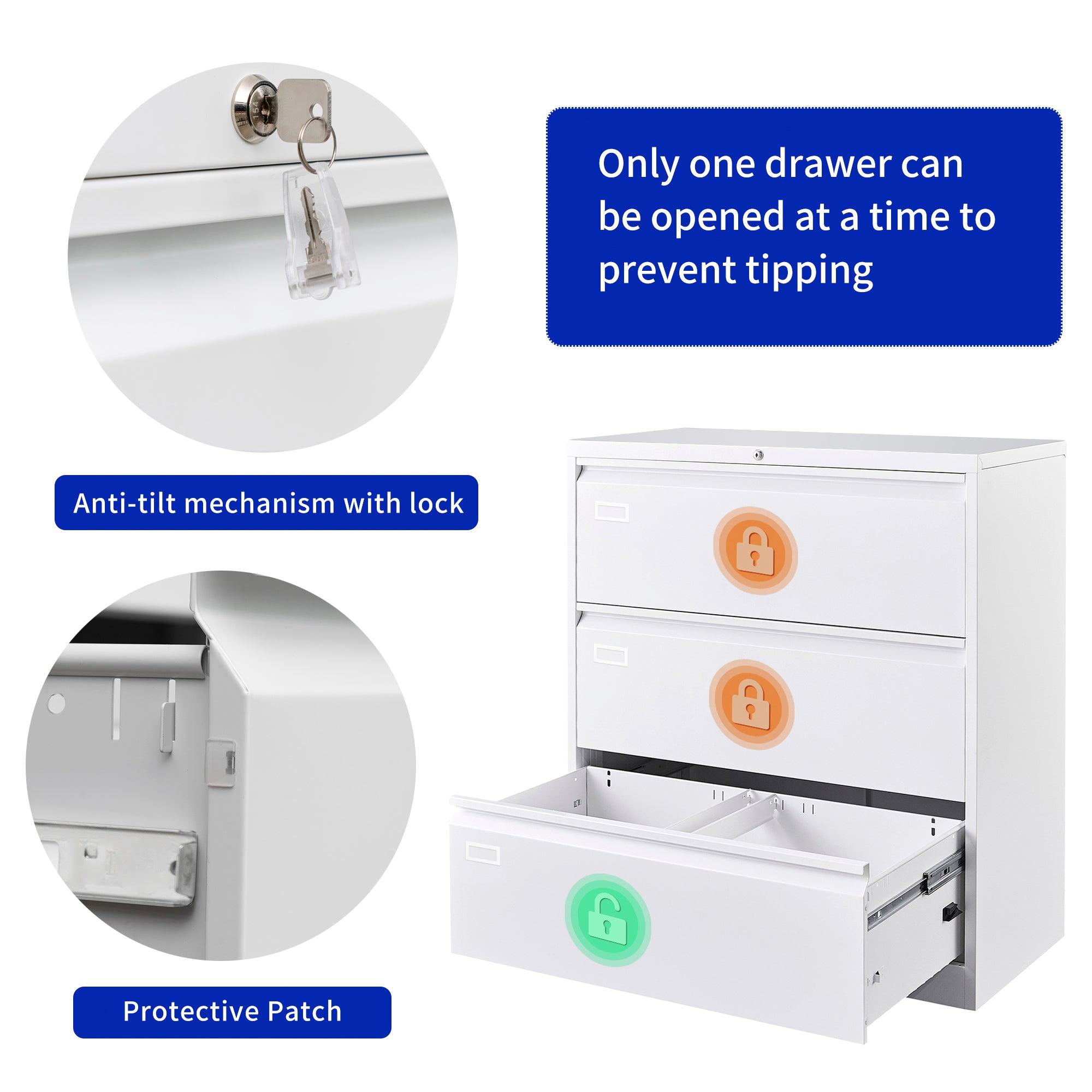 3 Large Drawers Lateral Metal Filing Cabinet for Legal/Letter A4 Size Documents- White_5