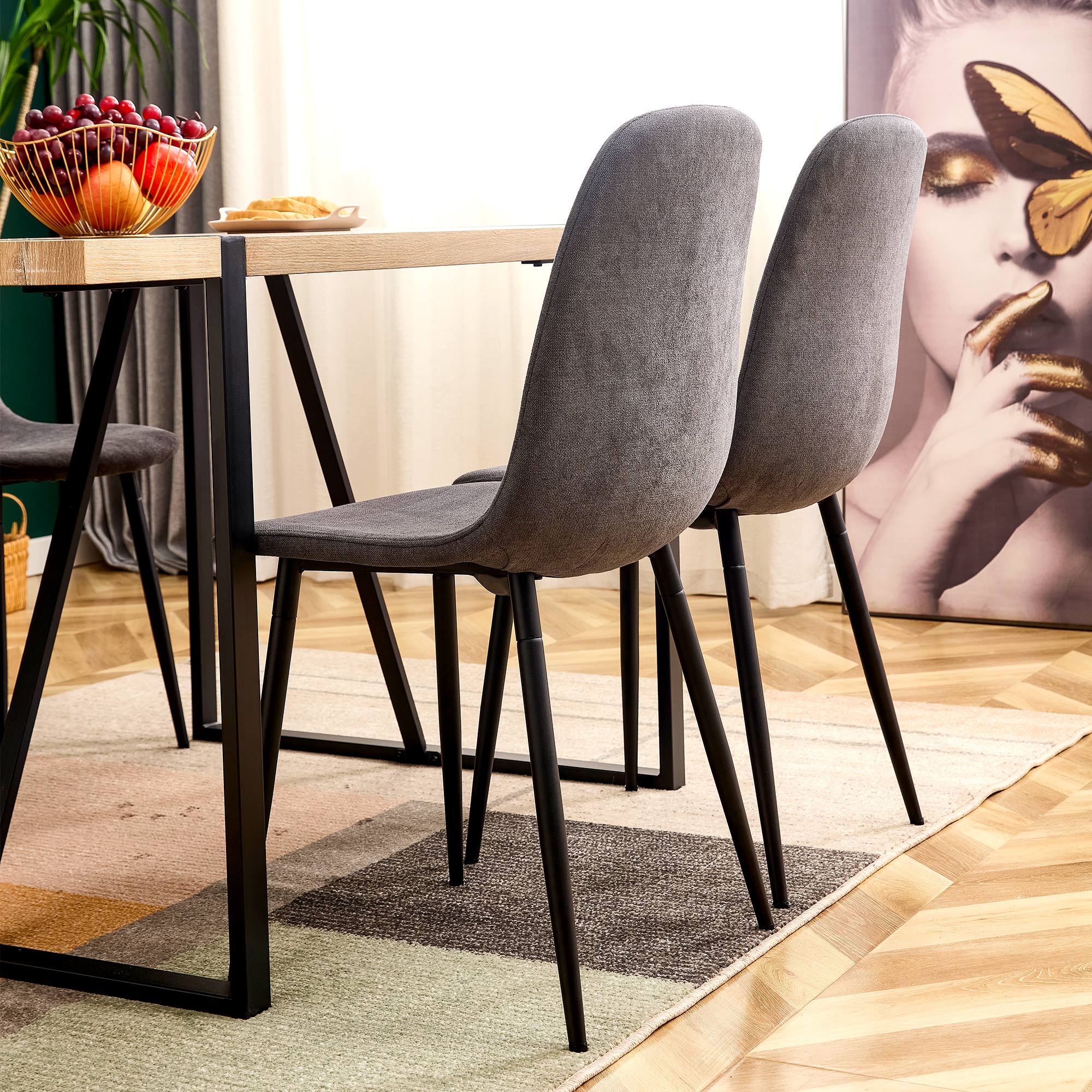 Set of 6 Modern Medieval Style Cushioned Dining Chairs with Black Legs- Dark Gray_7