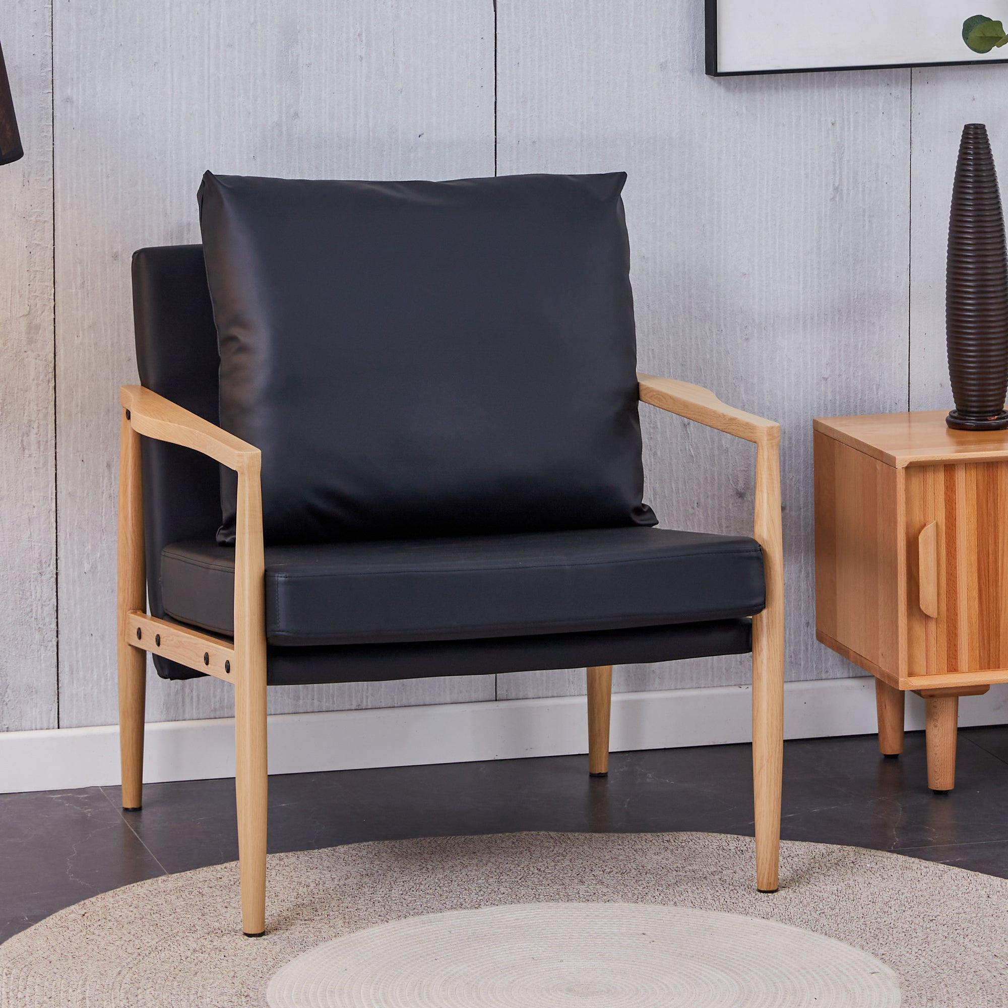 Set of 2 PU Leather Mid Century Modern Accent Armchair with Metal Frame- Black, Brown_5