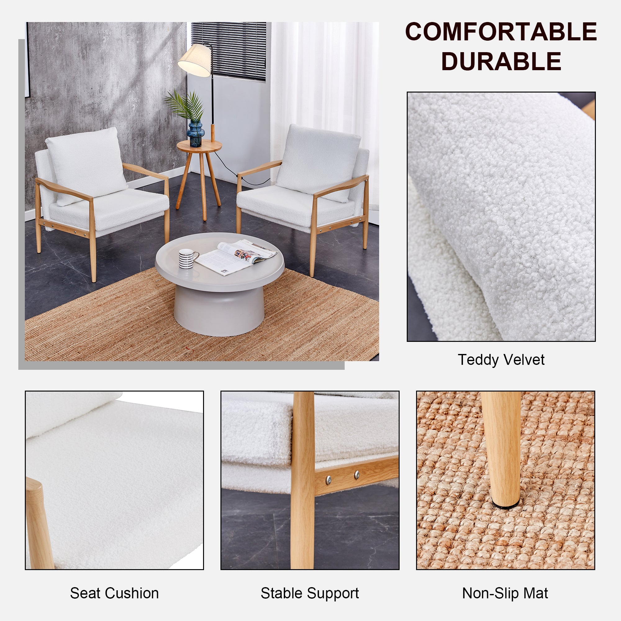 Set of 2 Teddy Velvet Mid Century Modern Accent Armchair with Metal Frame- White_10